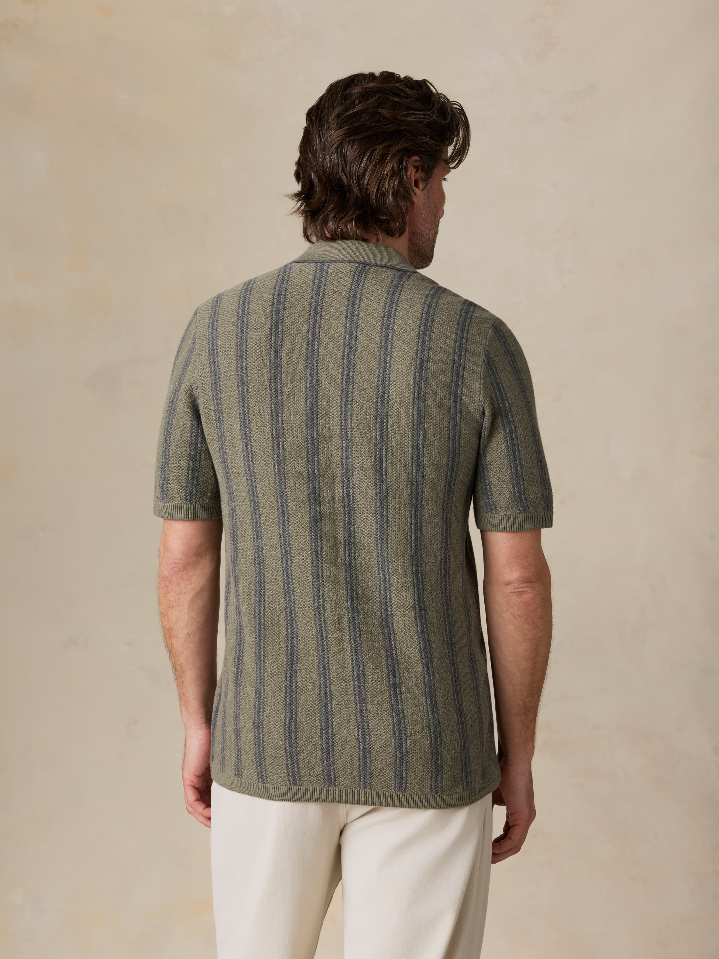 Short-Sleeve Sweater Shirt - Olive Safari Stripe | Faherty Brand