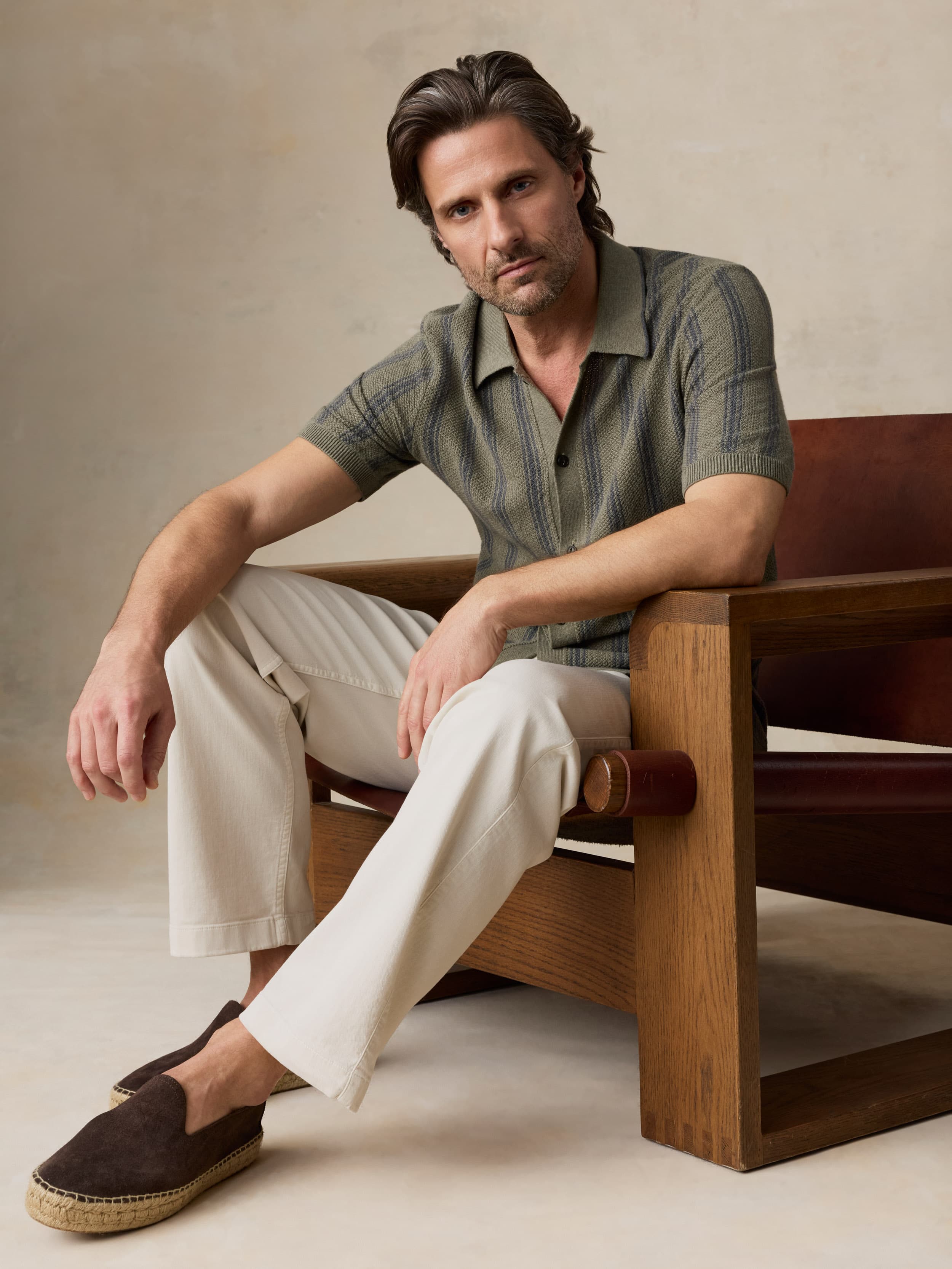 Short-Sleeve Sweater Shirt - Olive Safari Stripe | Faherty Brand