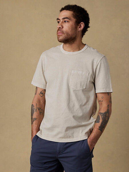 Male model wearing patch pocket recycled cotton tee