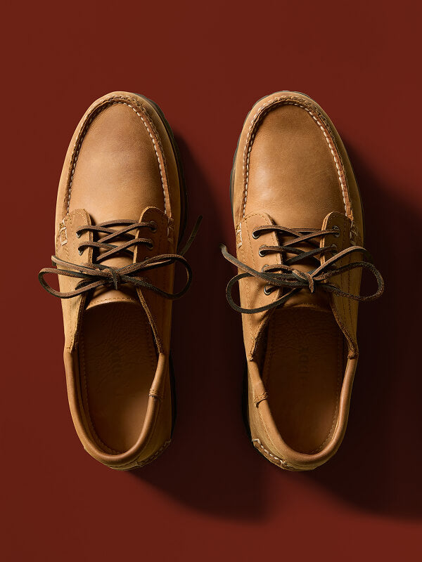 overhead view of Faherty X Quoddy shoes