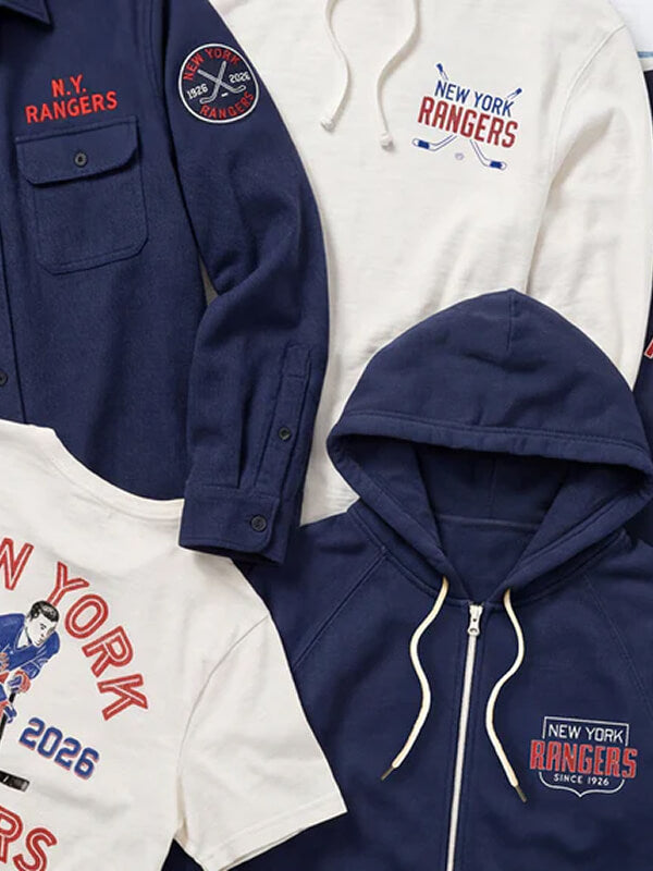 Faherty X Rangers Collab garments laid flat in a pile