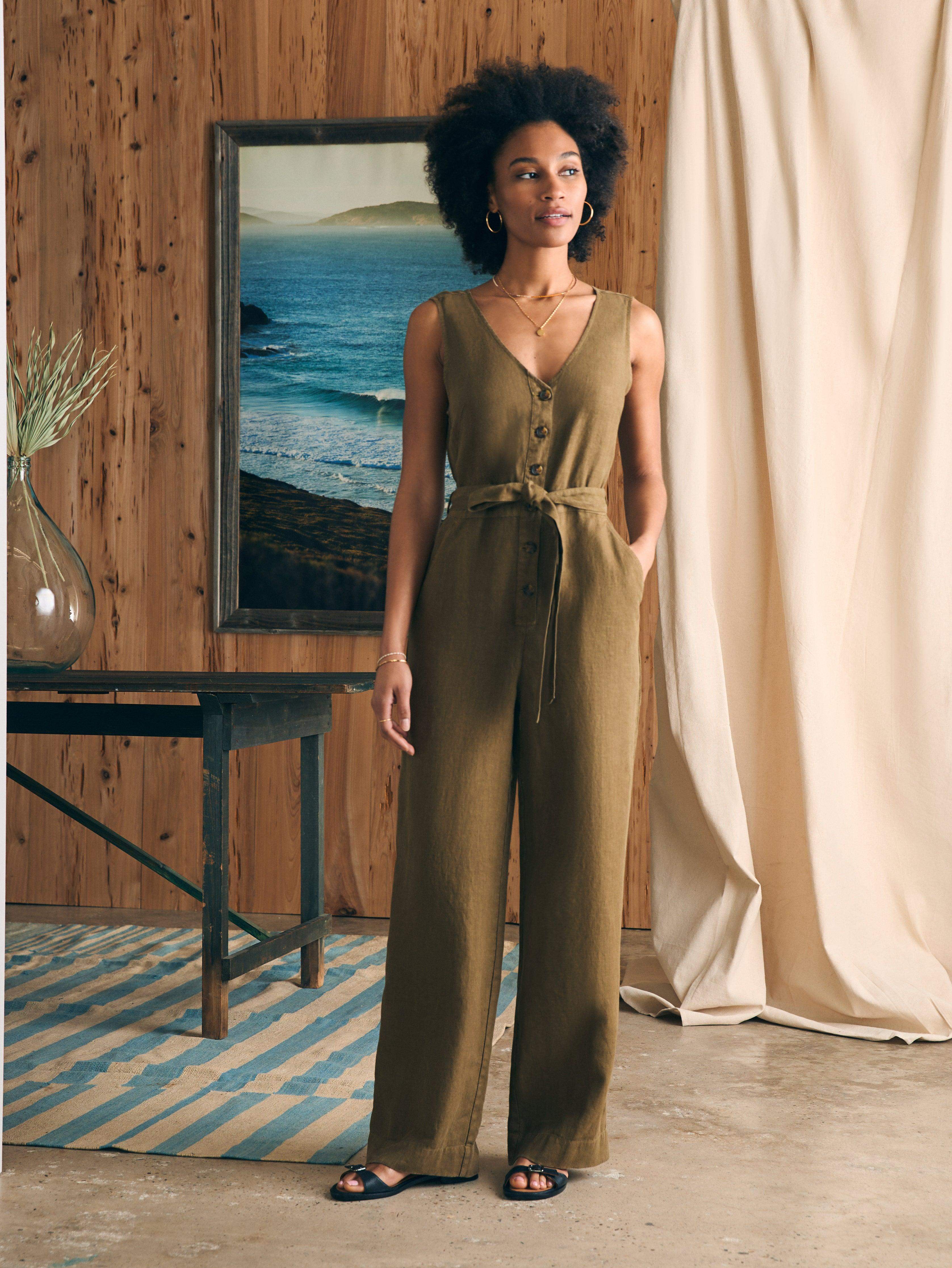 Alina Linen Jumpsuit - Military Olive