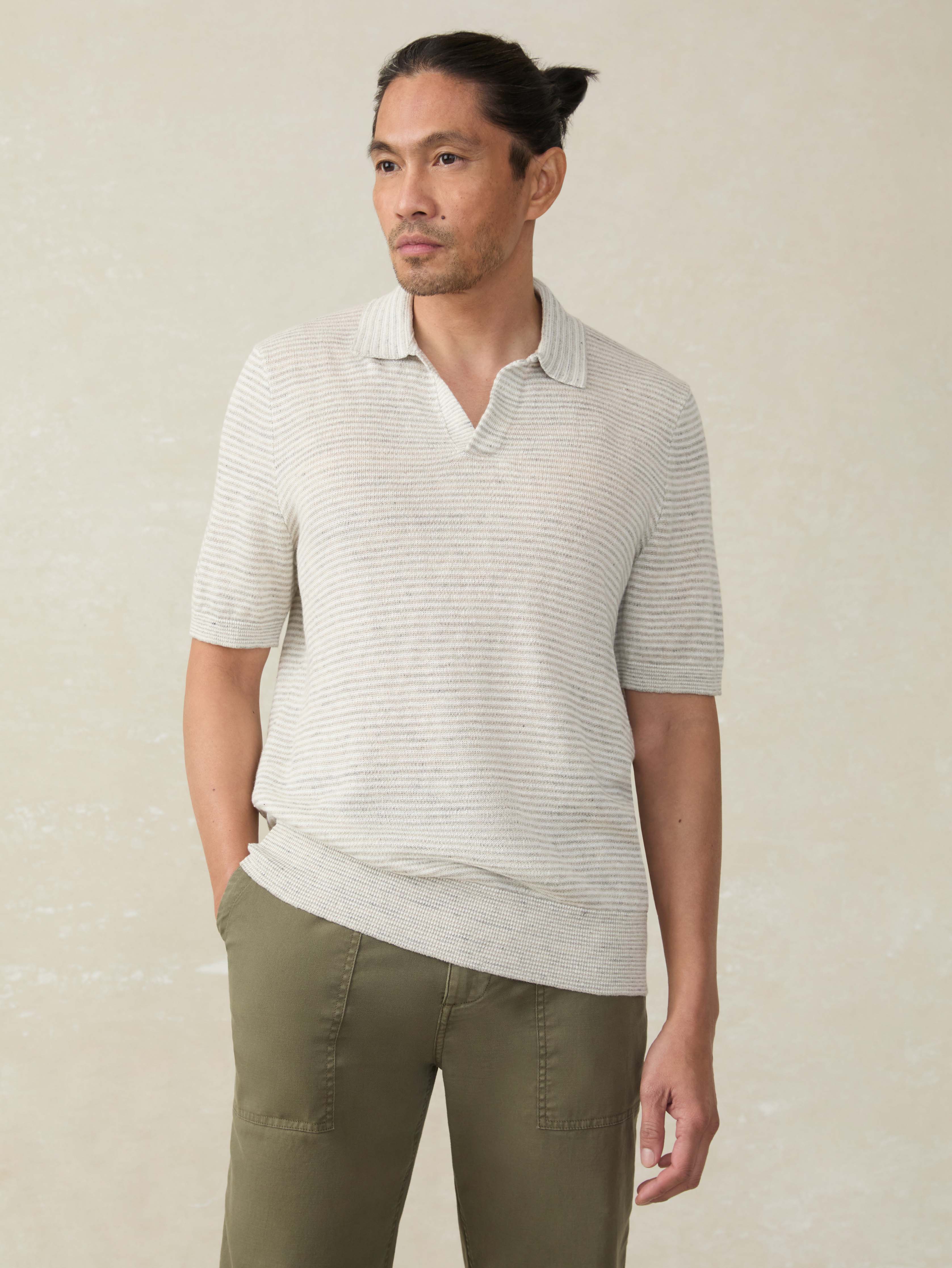 Short-Sleeve Linen Sweater Polo - Ivory Steel Feeder | Faherty Brand