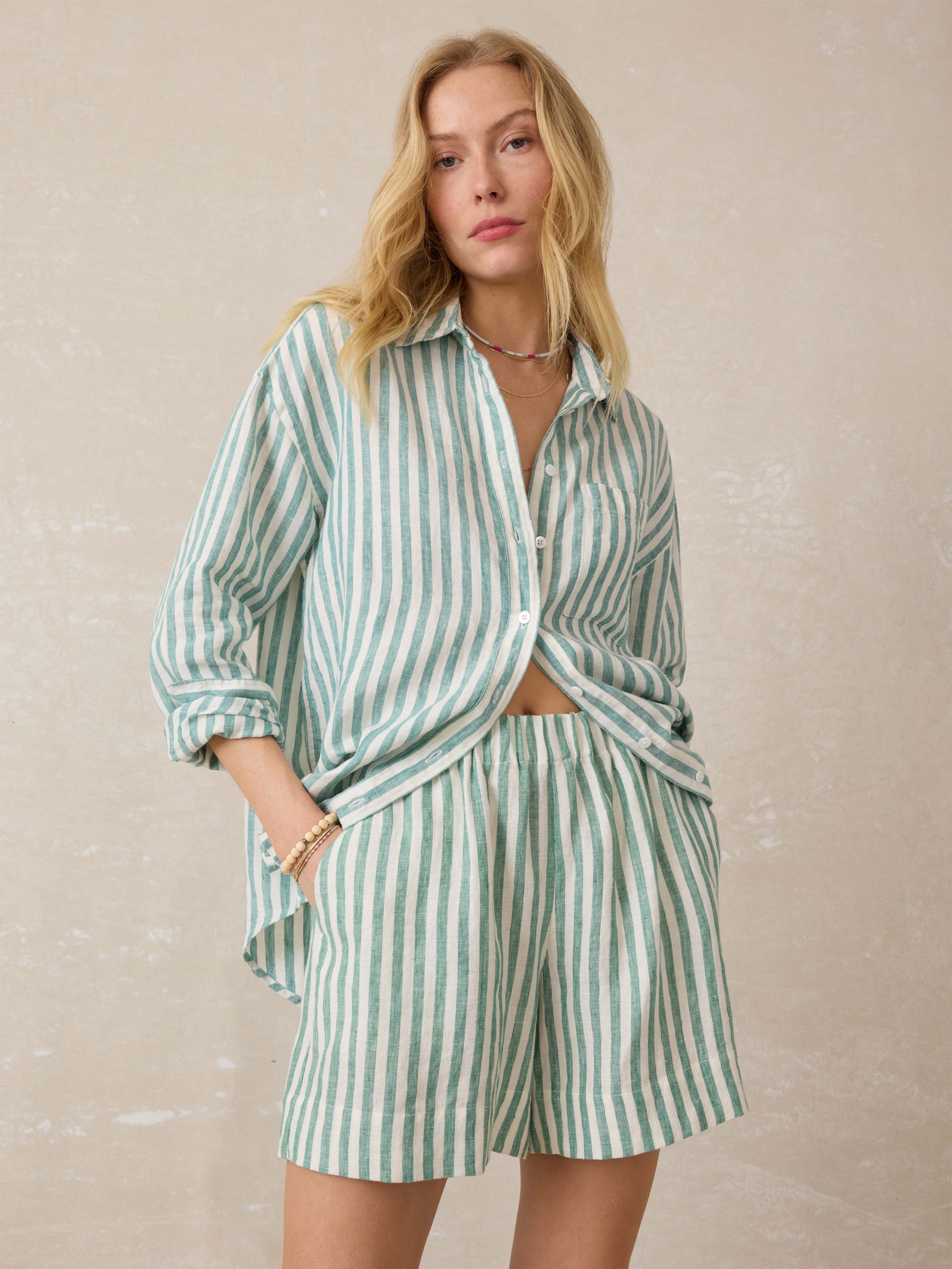 Laguna Linen Bayview Short - Deep Jungle Lucy Stripe | Faherty Brand