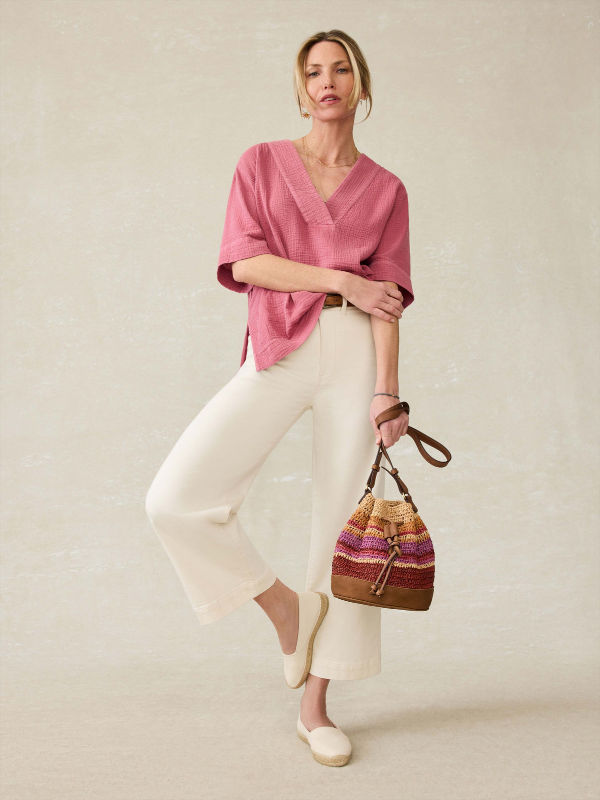 Striped Raffia Drawstring Bucket Bag - Sunrise Stripe, image 2 of 2