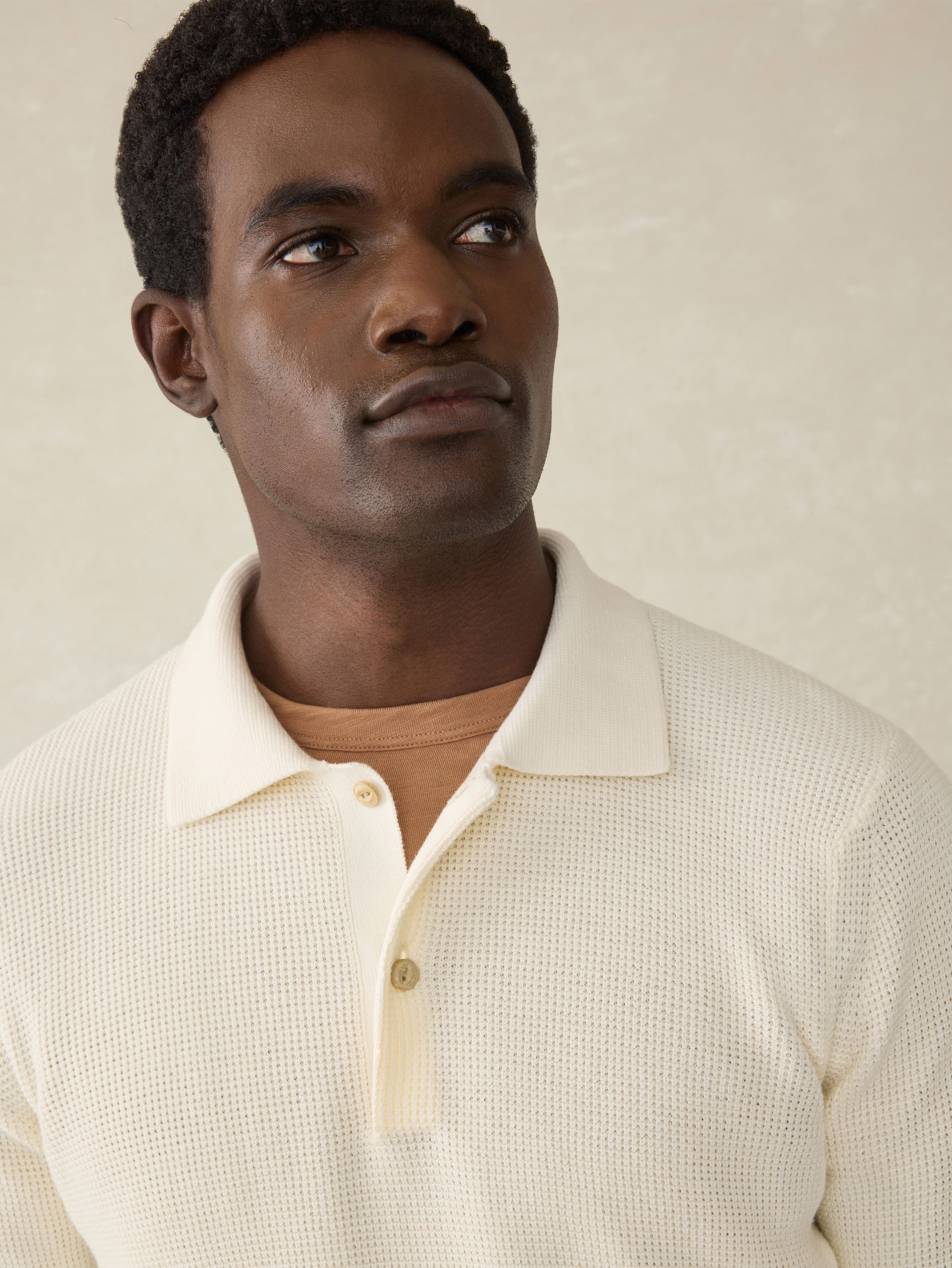 Long-Sleeve Sunwashed Sweater Polo - White Shell | Faherty Brand