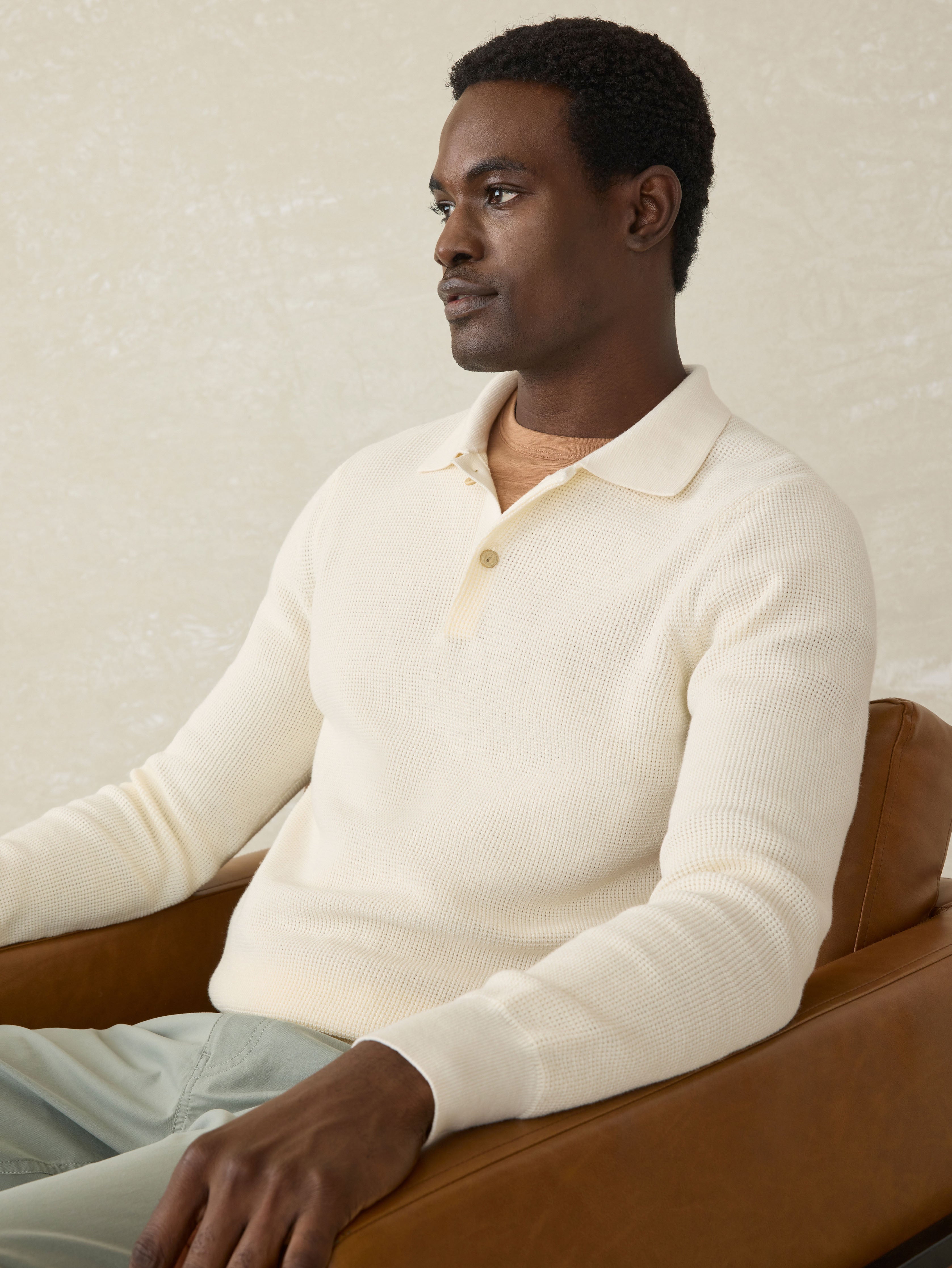 Long-Sleeve Sunwashed Sweater Polo - White Shell | Faherty Brand