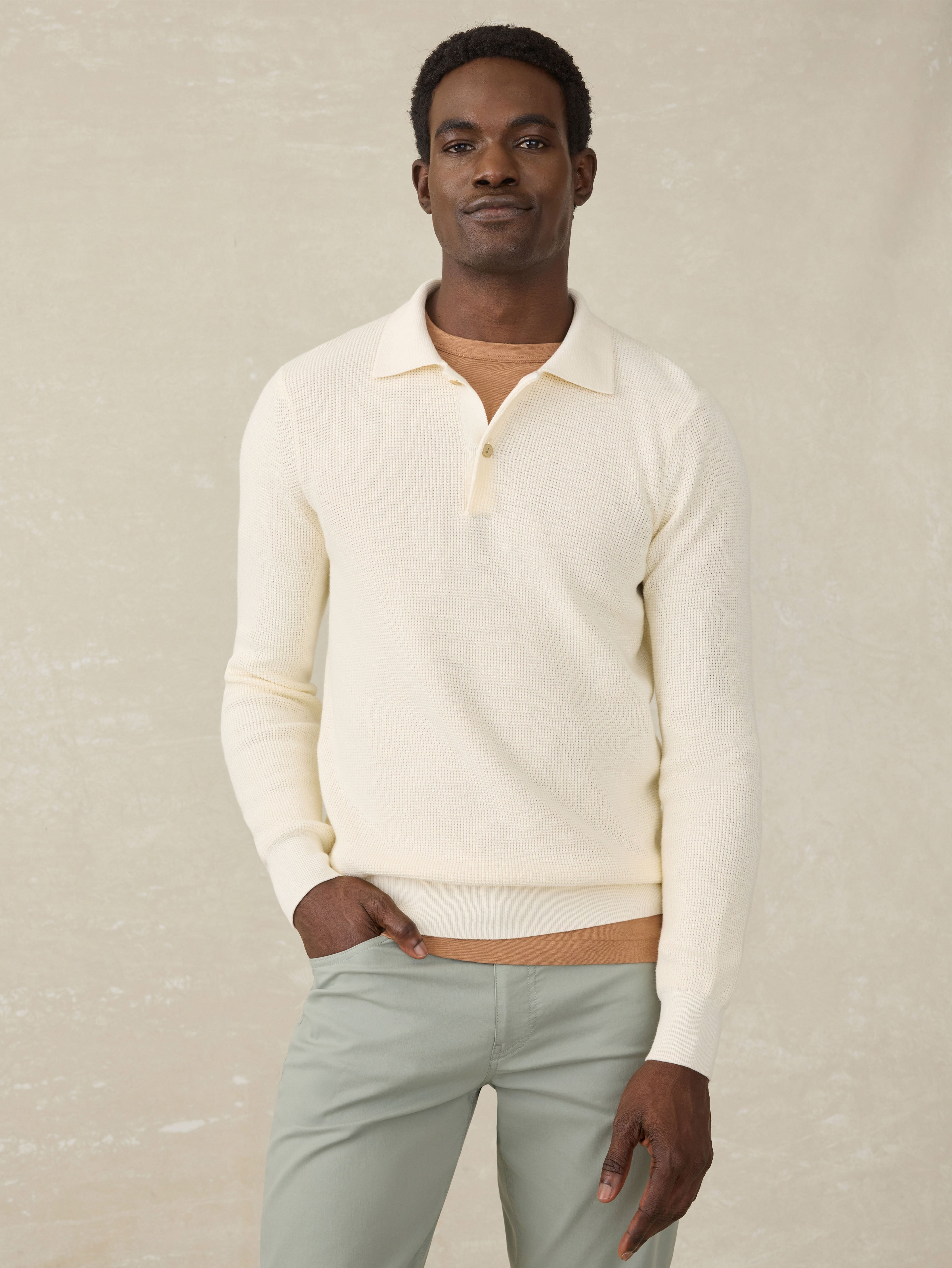 Long-Sleeve Sunwashed Sweater Polo - White Shell | Faherty Brand