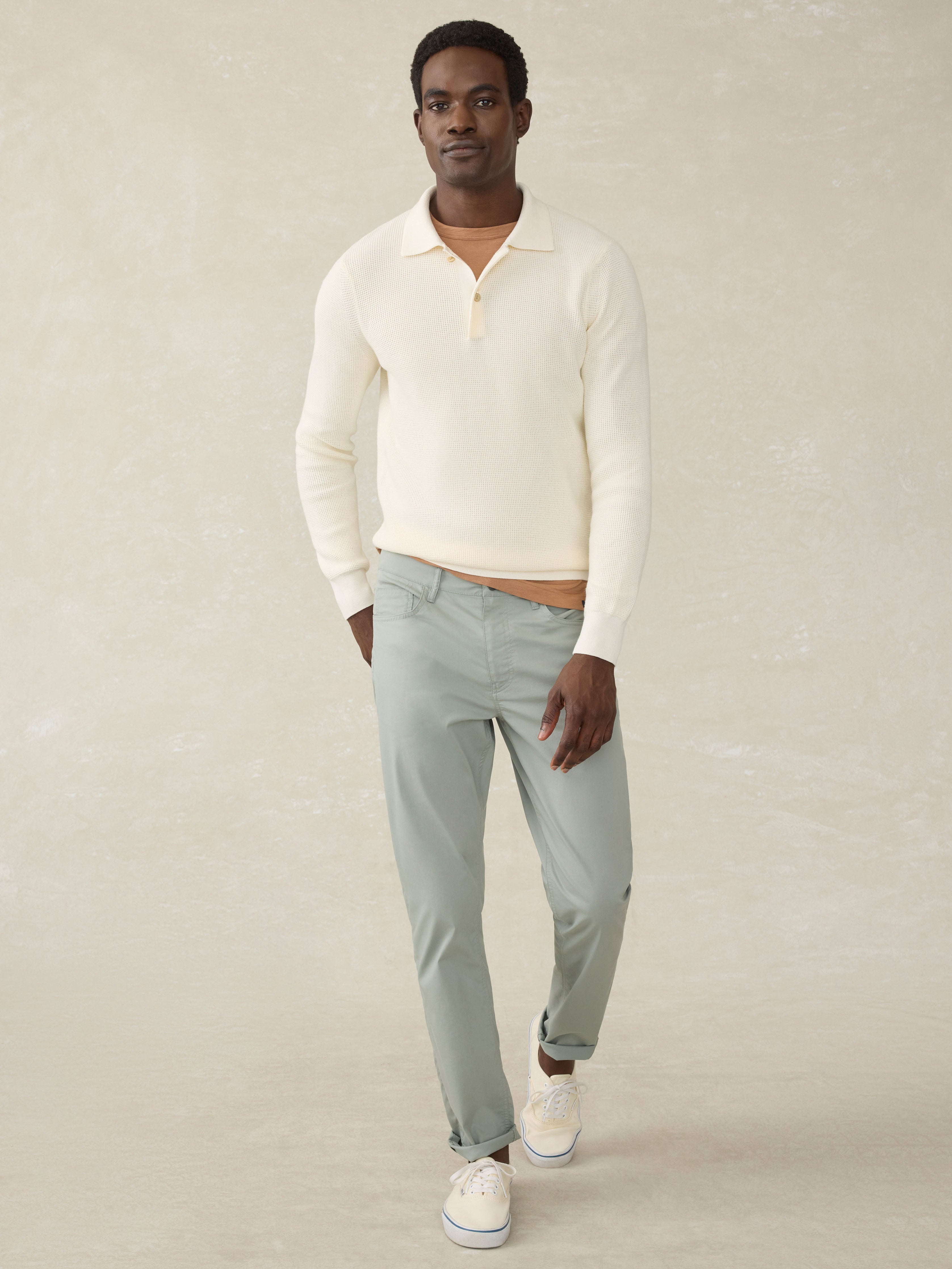 Long-Sleeve Sunwashed Sweater Polo - White Shell | Faherty Brand