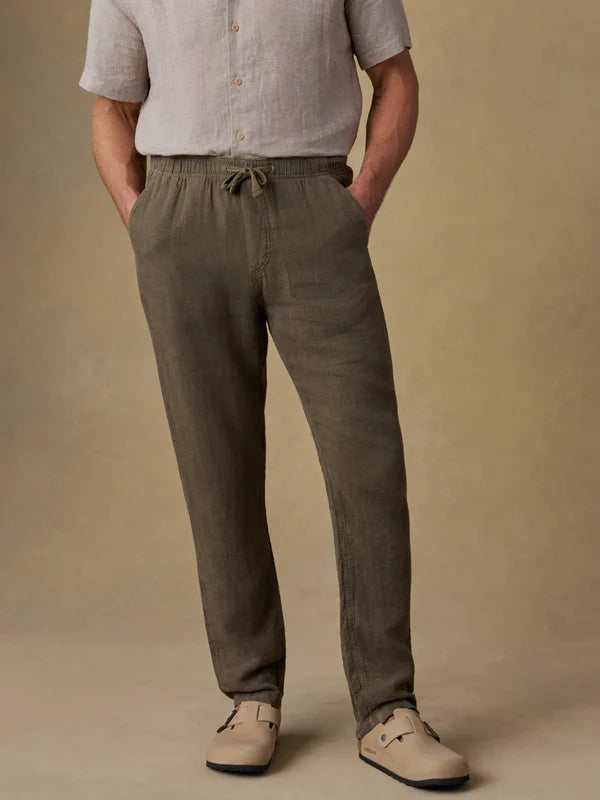 SP26 Faherty Mens MBU2412 DPM LinenDrawstringPant DarkPalm OM FRONT CROP 1 Web