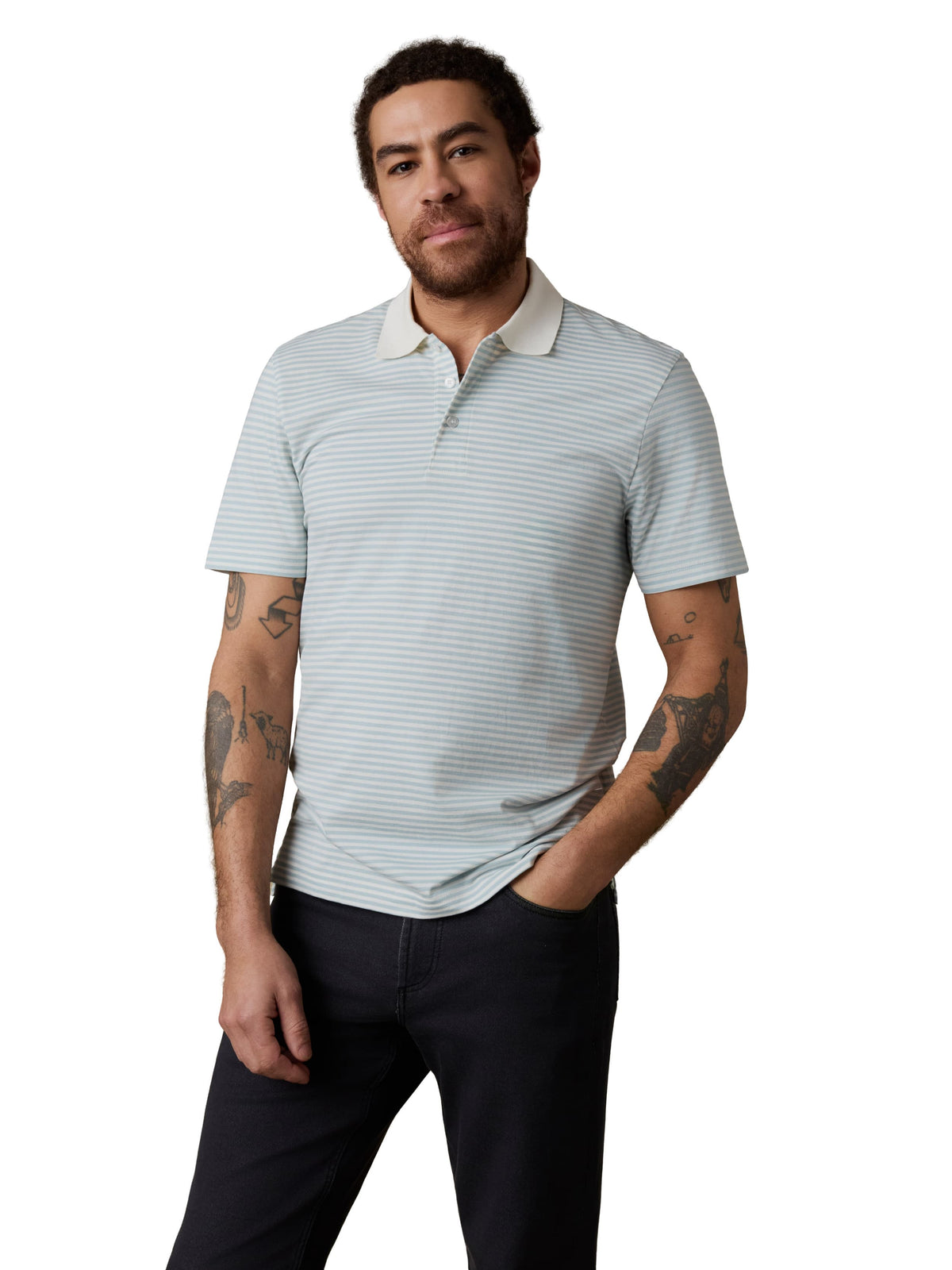 Man wearing a light blue striped polo shirt and dark jeans, image 1 of 3