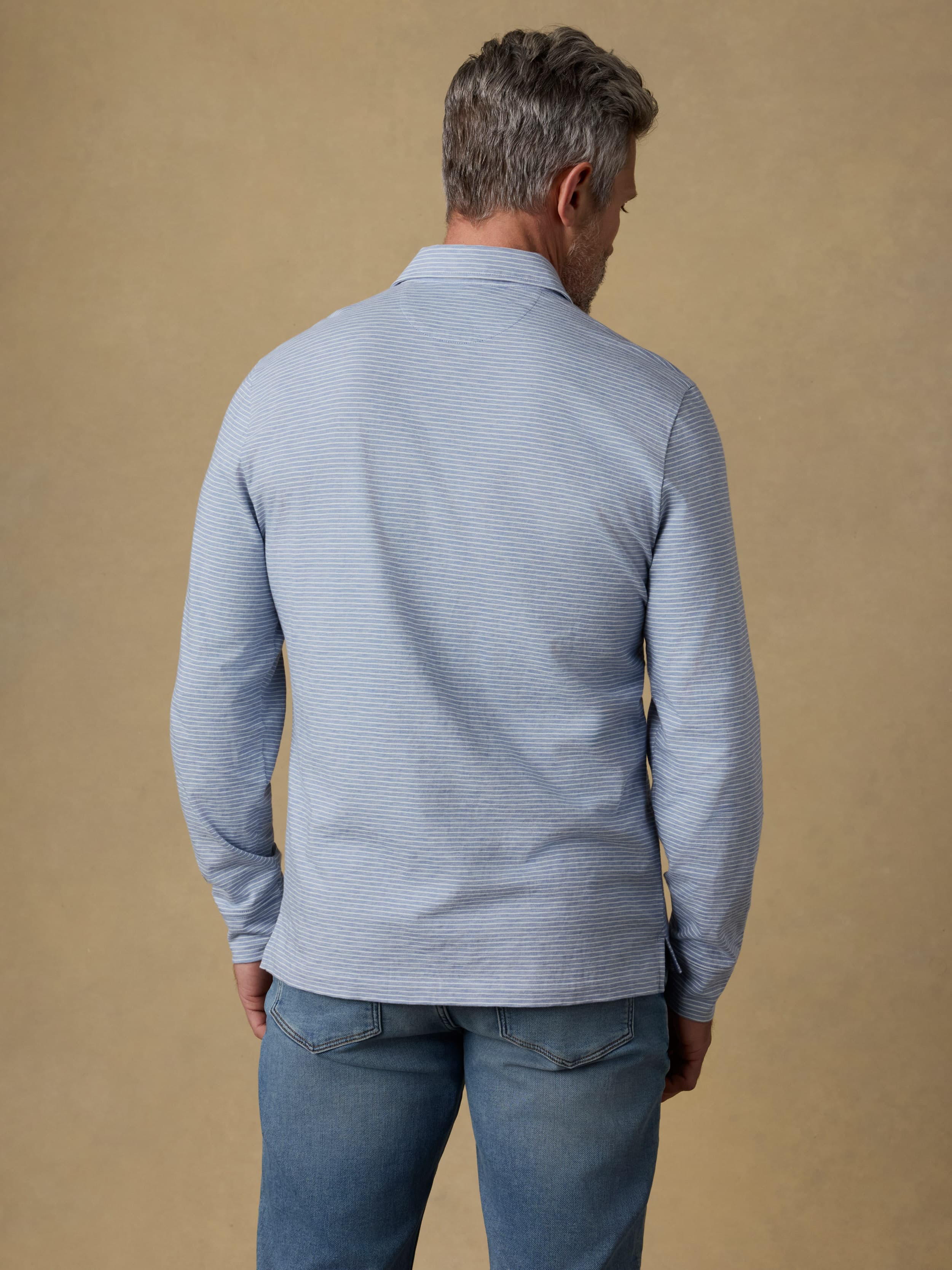 Long-Sleeve Sunwashed Regenerative T-Shirt Polo - Dune Stripe Blue | Faherty Brand