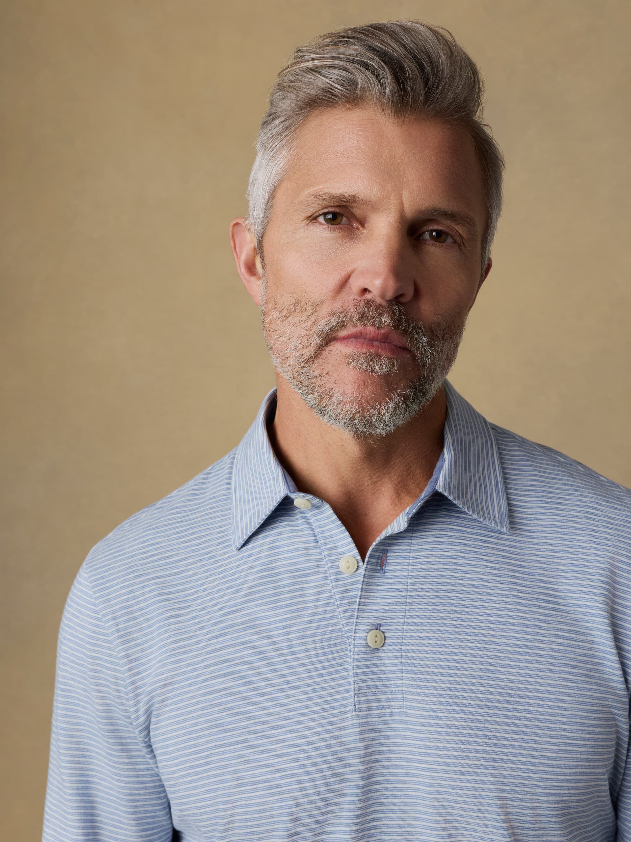 Long-Sleeve Sunwashed Regenerative T-Shirt Polo - Dune Stripe Blue | Faherty Brand