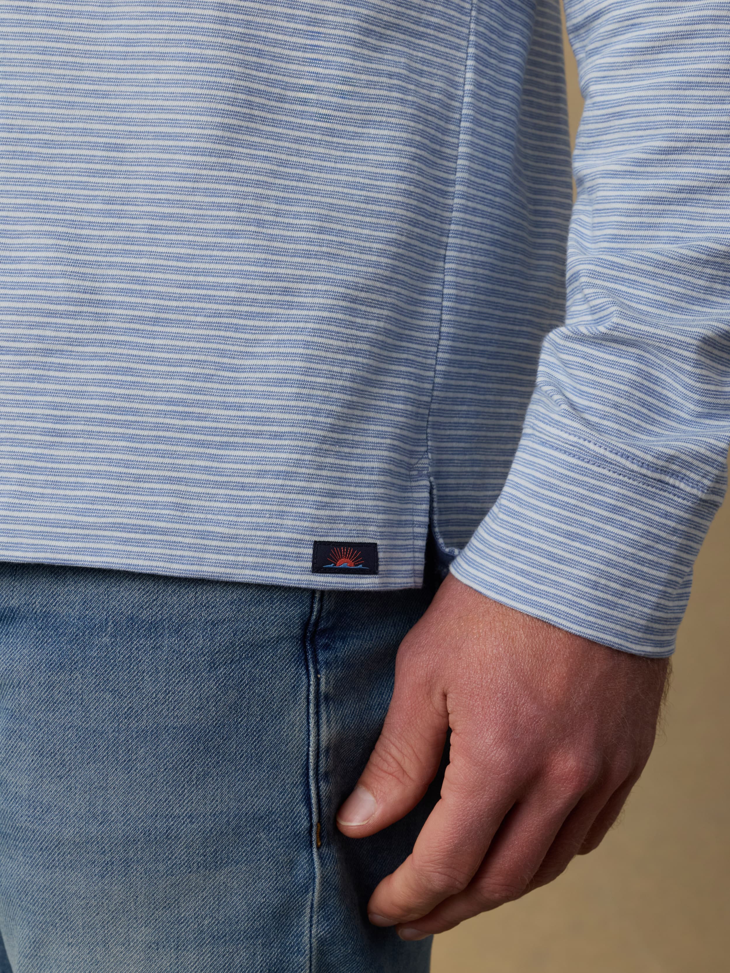 Long-Sleeve Sunwashed Regenerative T-Shirt Polo - Dune Stripe Blue | Faherty Brand