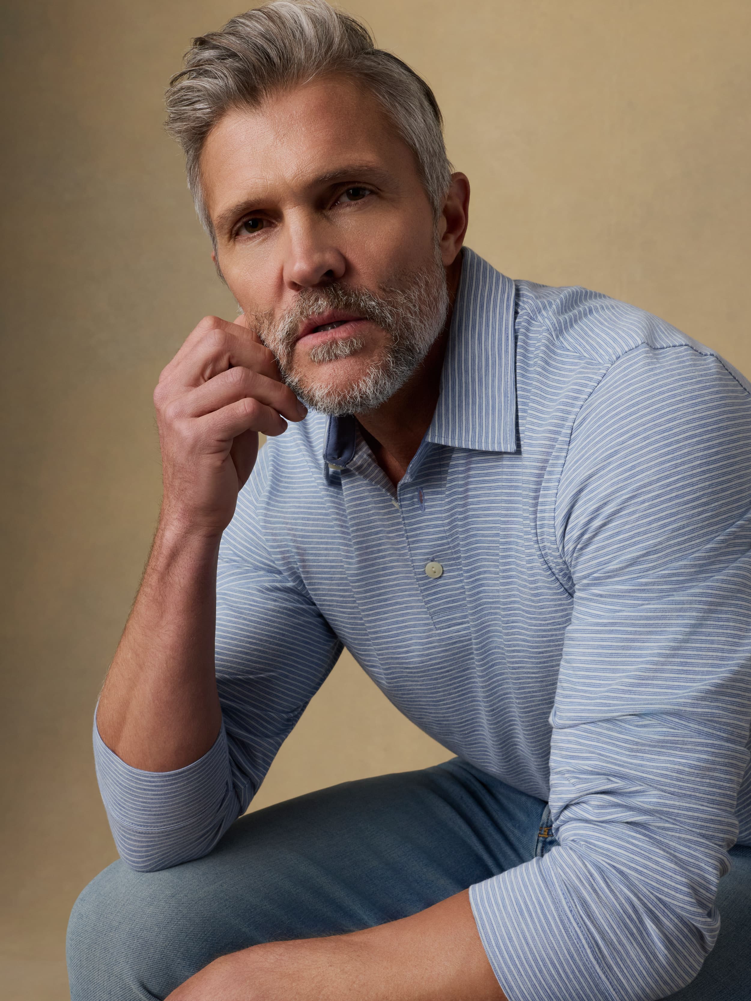 Long-Sleeve Sunwashed Regenerative T-Shirt Polo - Dune Stripe Blue | Faherty Brand