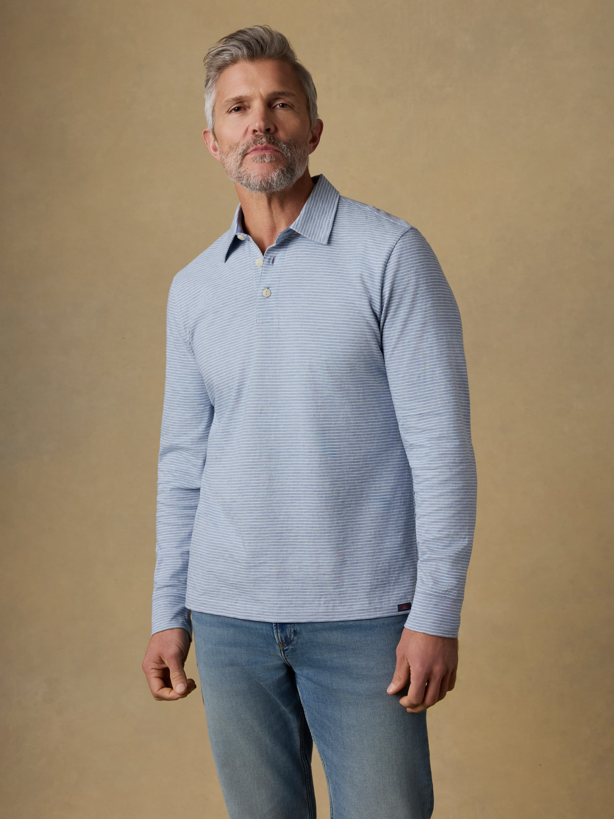 Long-Sleeve Sunwashed Regenerative T-Shirt Polo - Dune Stripe Blue | Faherty Brand