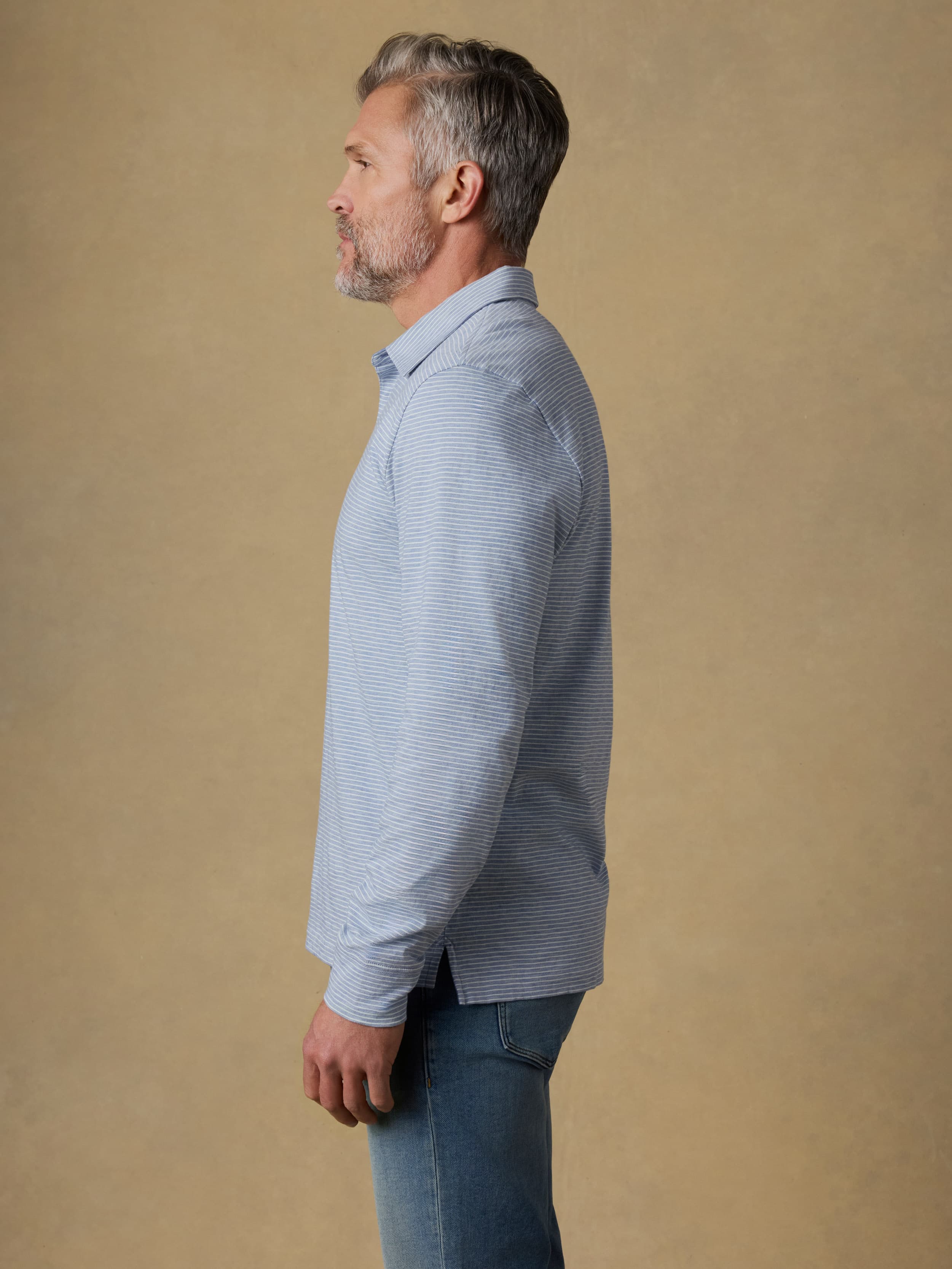 Long-Sleeve Sunwashed Regenerative T-Shirt Polo - Dune Stripe Blue | Faherty Brand