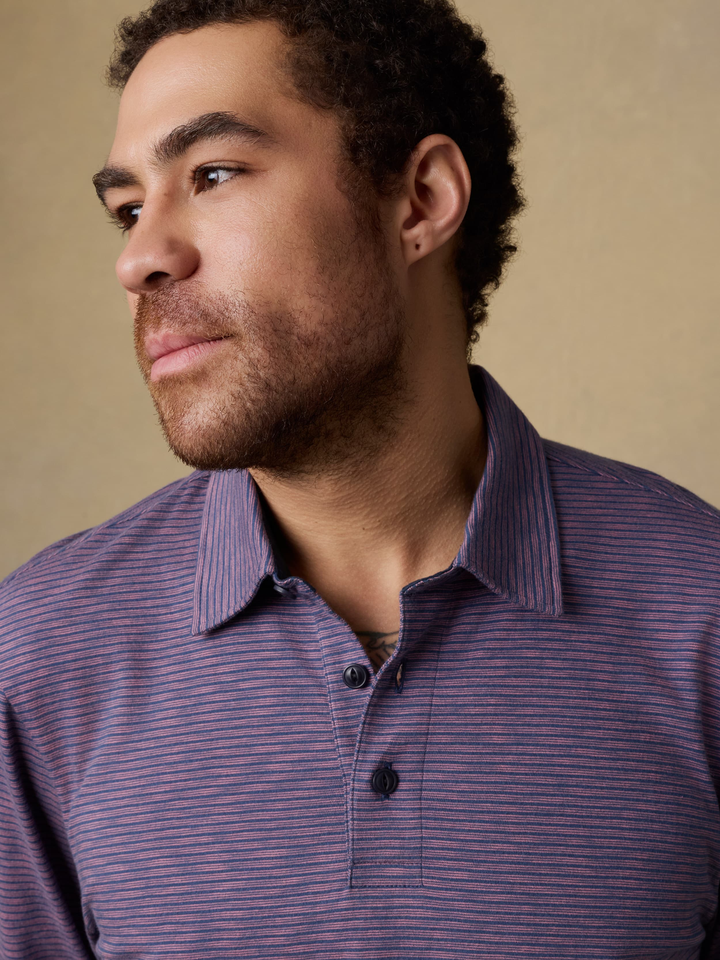Long-Sleeve Sunwashed T-Shirt Polo - Dune Stripe Nightfall | Faherty Brand