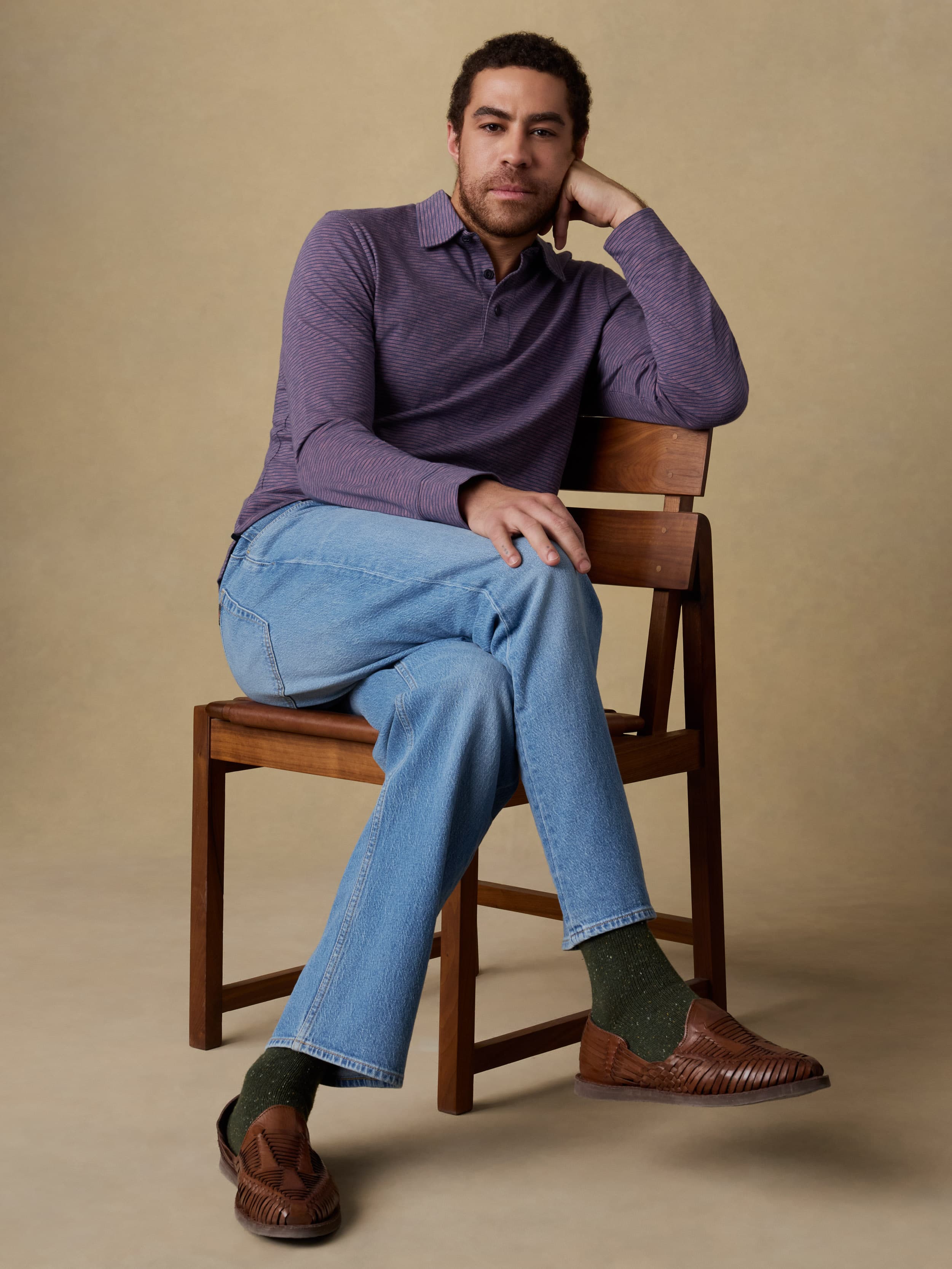 Long-Sleeve Sunwashed T-Shirt Polo - Dune Stripe Nightfall | Faherty Brand