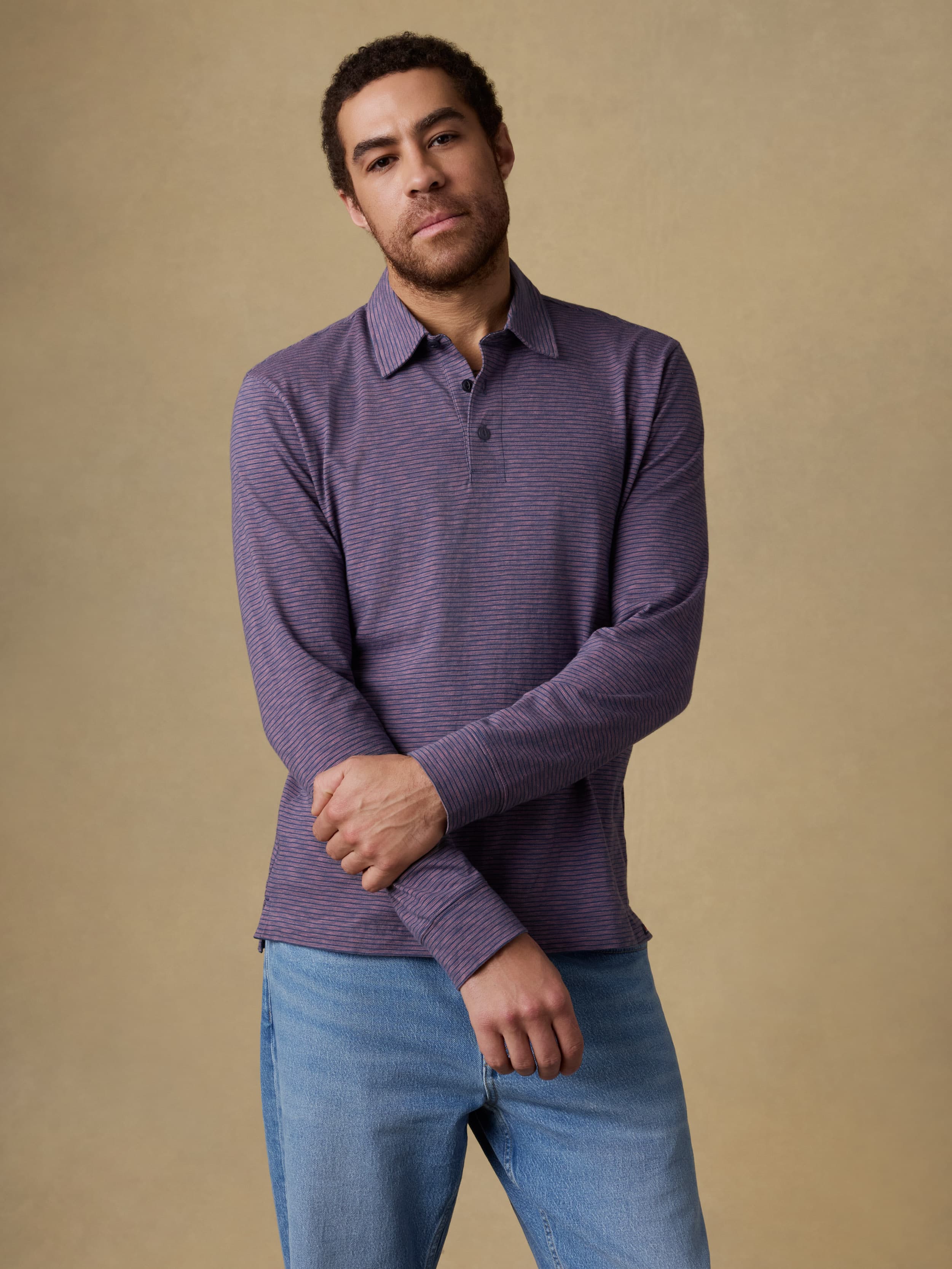 Long-Sleeve Sunwashed T-Shirt Polo - Dune Stripe Nightfall | Faherty Brand