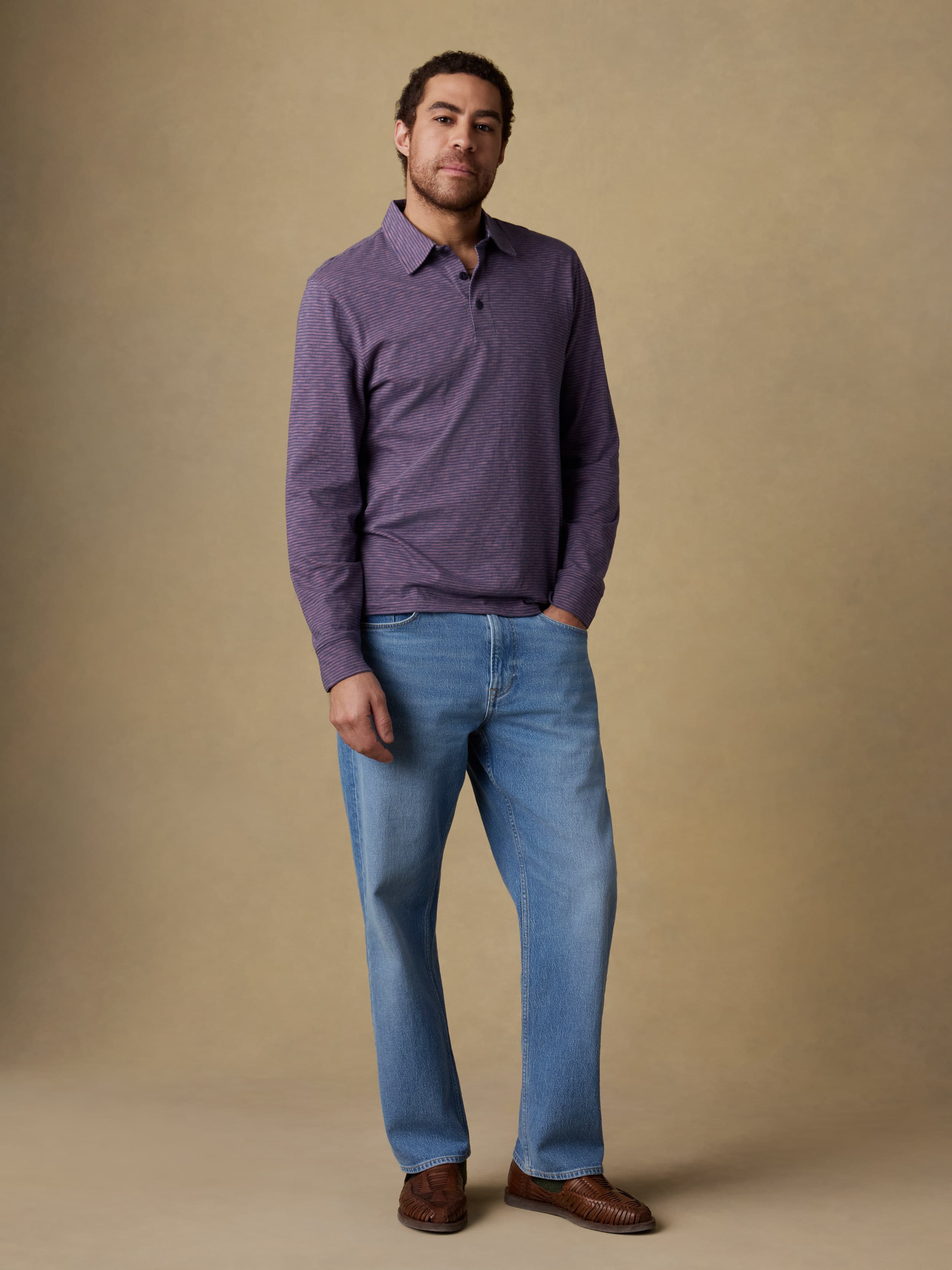 Long-Sleeve Sunwashed T-Shirt Polo - Dune Stripe Nightfall | Faherty Brand