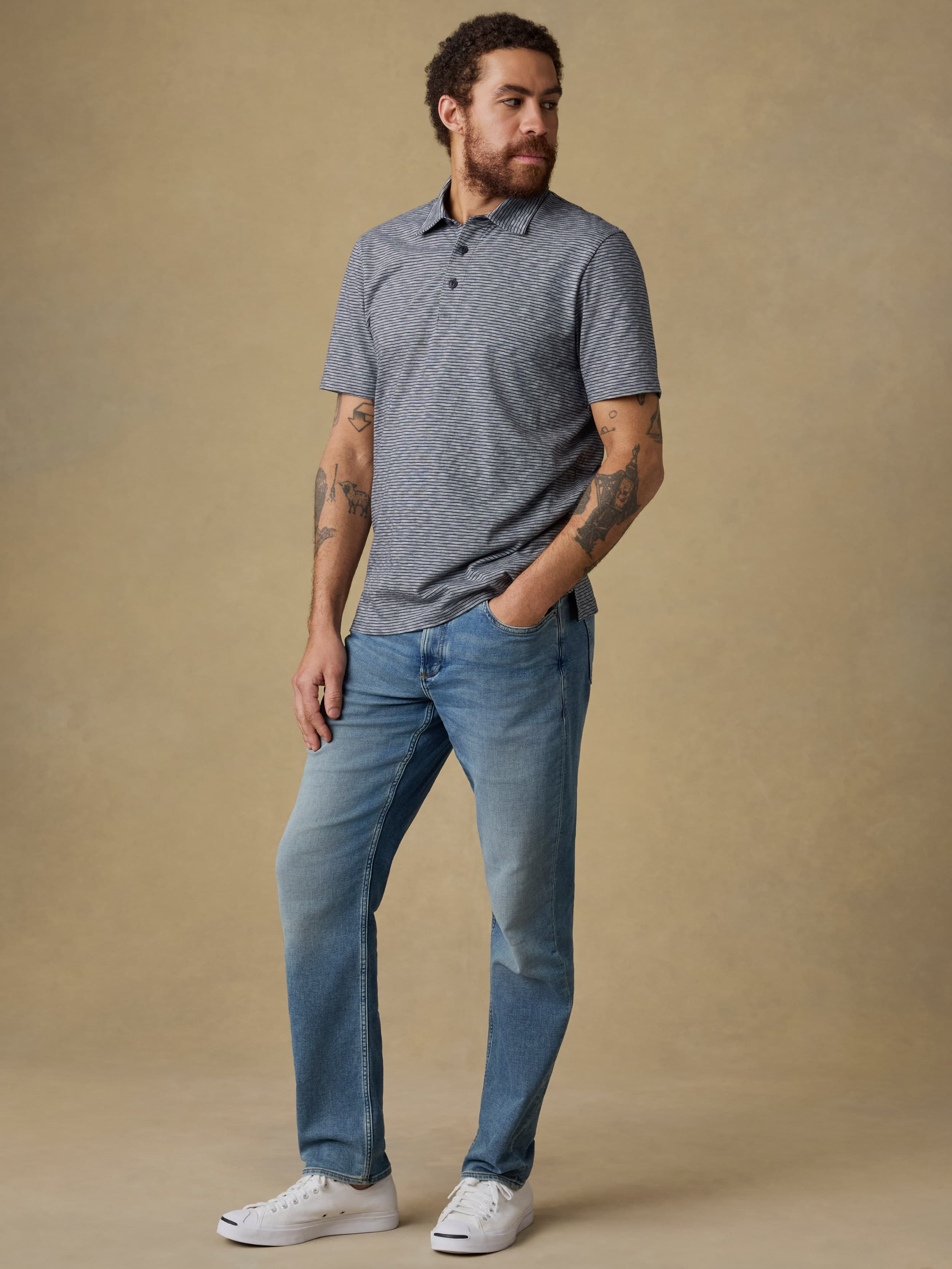 Sunwashed T-Shirt Polo - Dune Stripe Navy | Faherty Brand