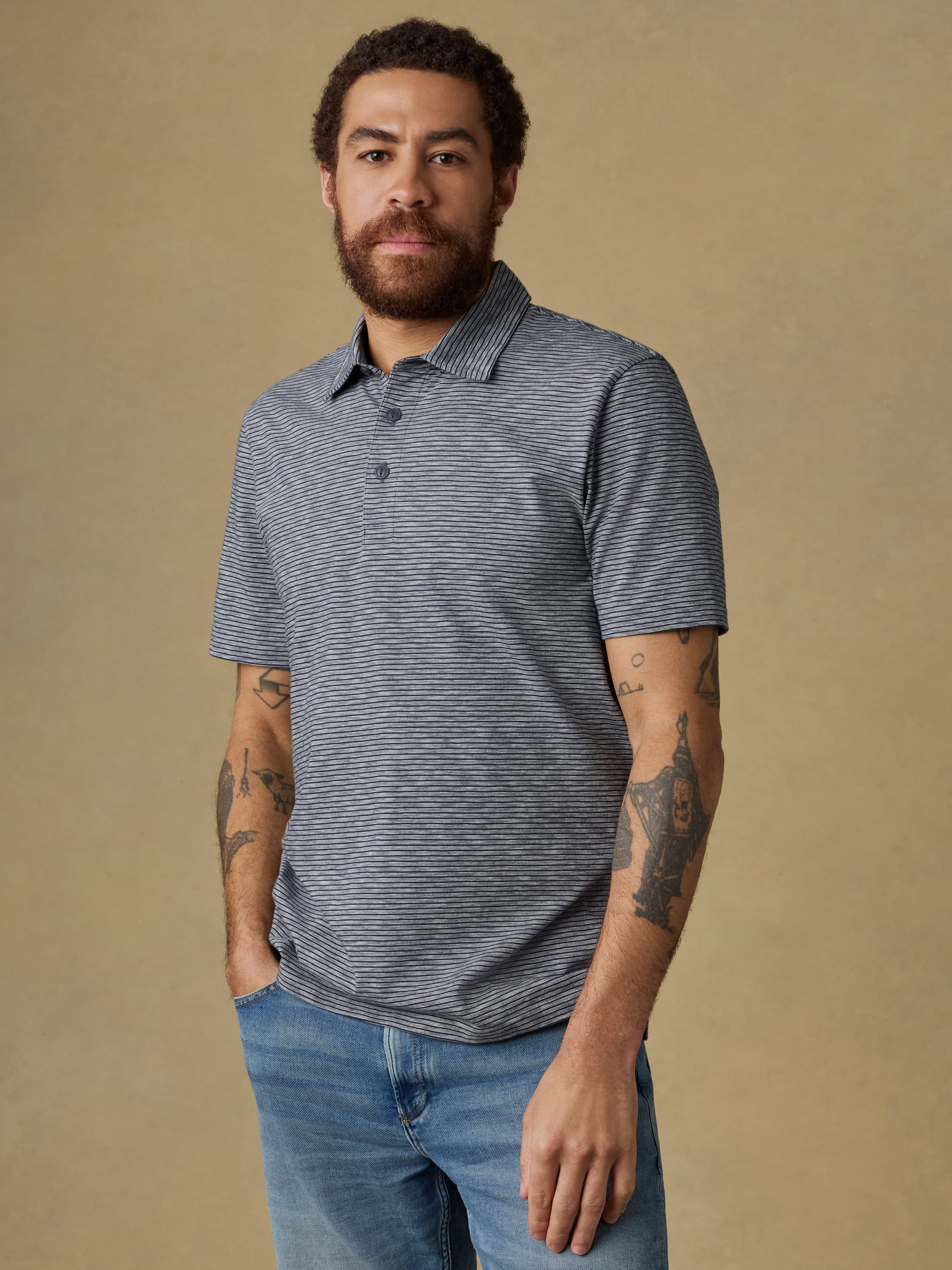 Sunwashed T-Shirt Polo - Dune Stripe Navy | Faherty Brand