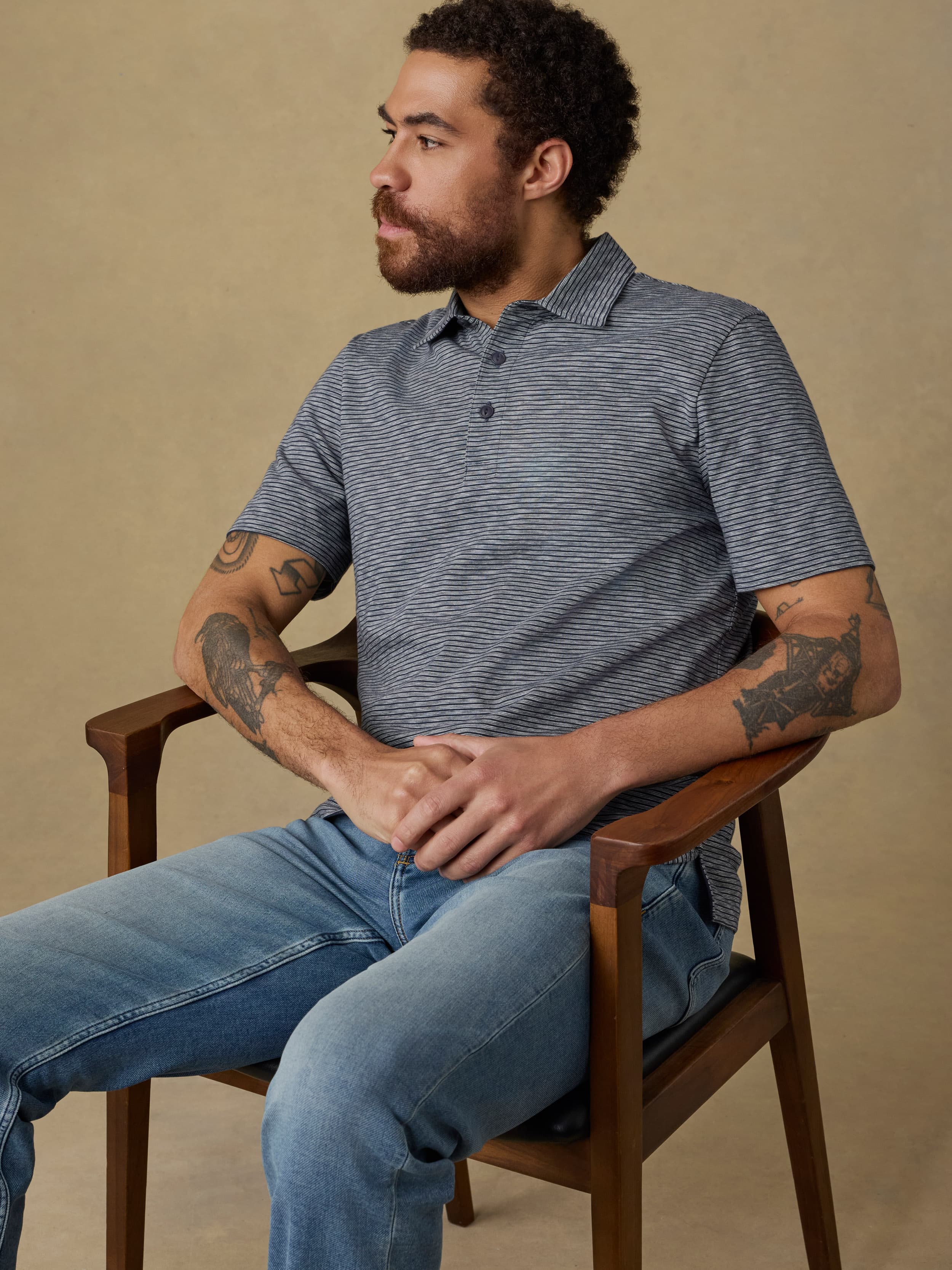 Sunwashed T-Shirt Polo - Dune Stripe Navy | Faherty Brand