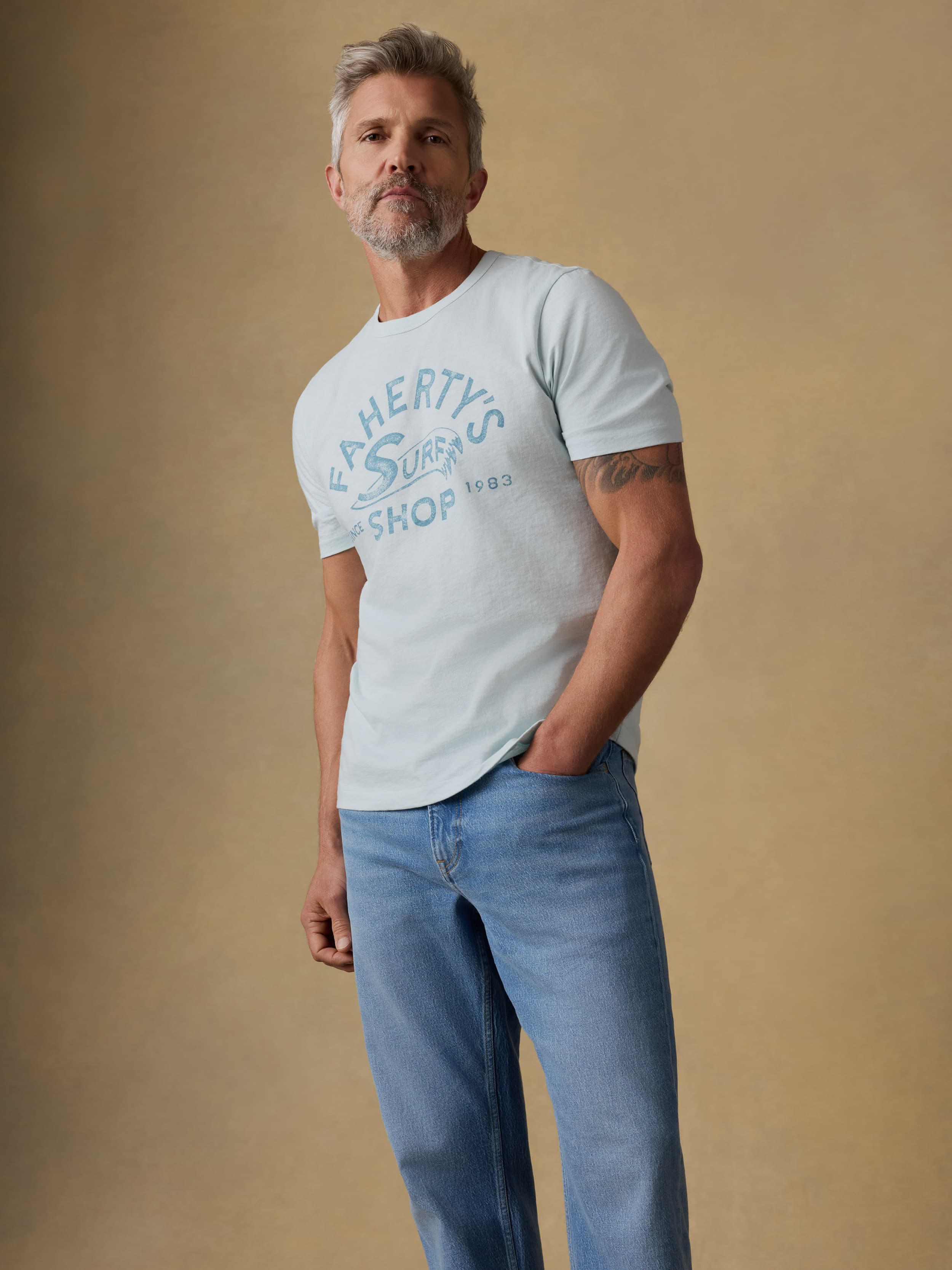 Surf Shop Sunwashed Regenerative Tee - Sky | Faherty Brand