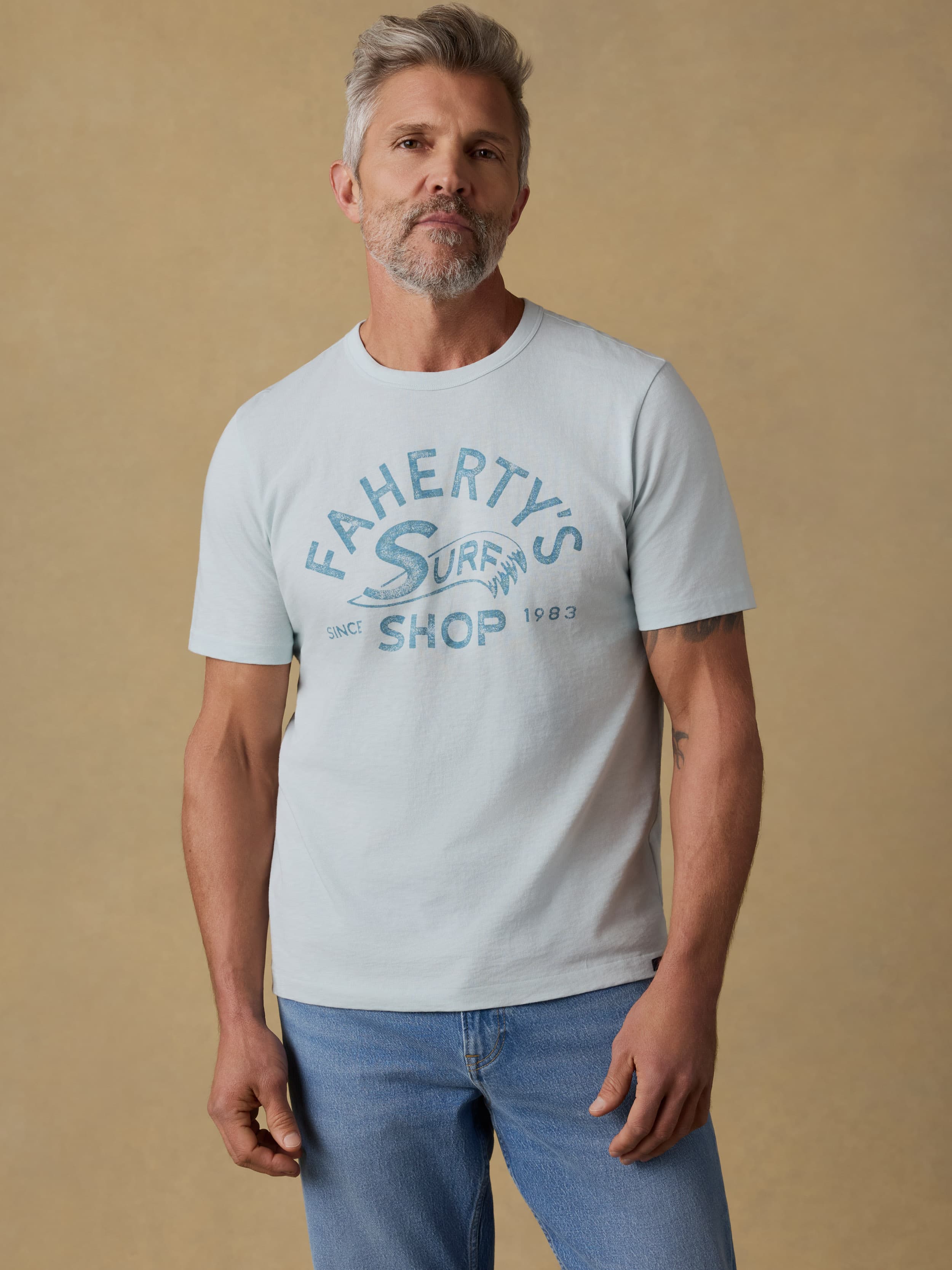 Surf Shop Sunwashed Regenerative Tee - Sky | Faherty Brand