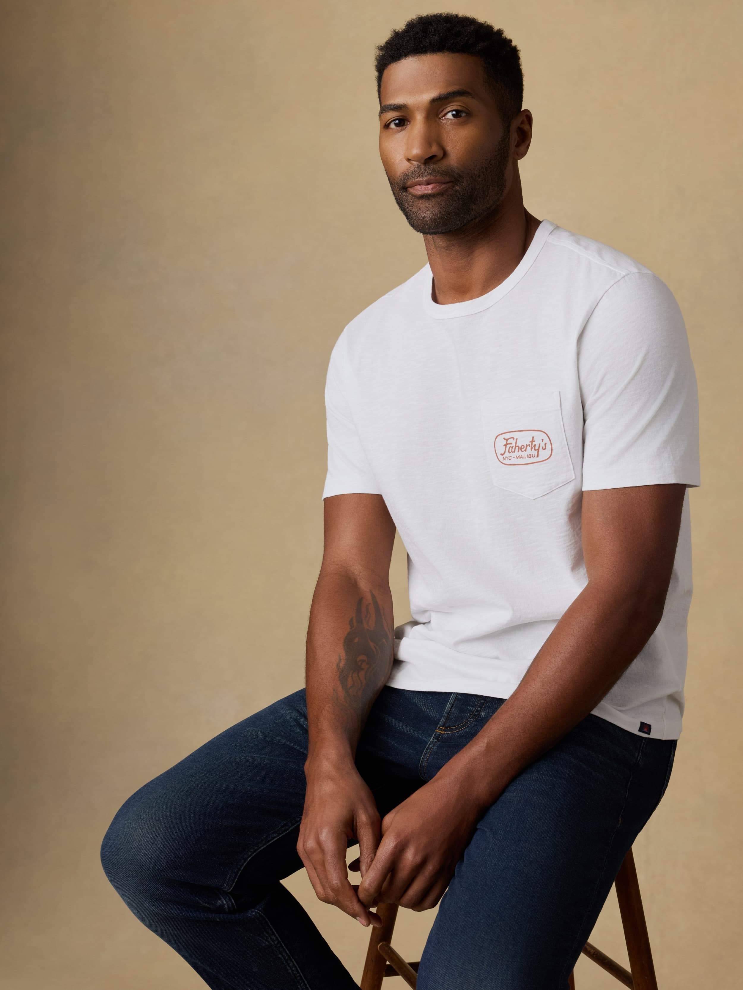 Surf Shop Sunwashed Regenerative Pocket Tee - White | Faherty Brand
