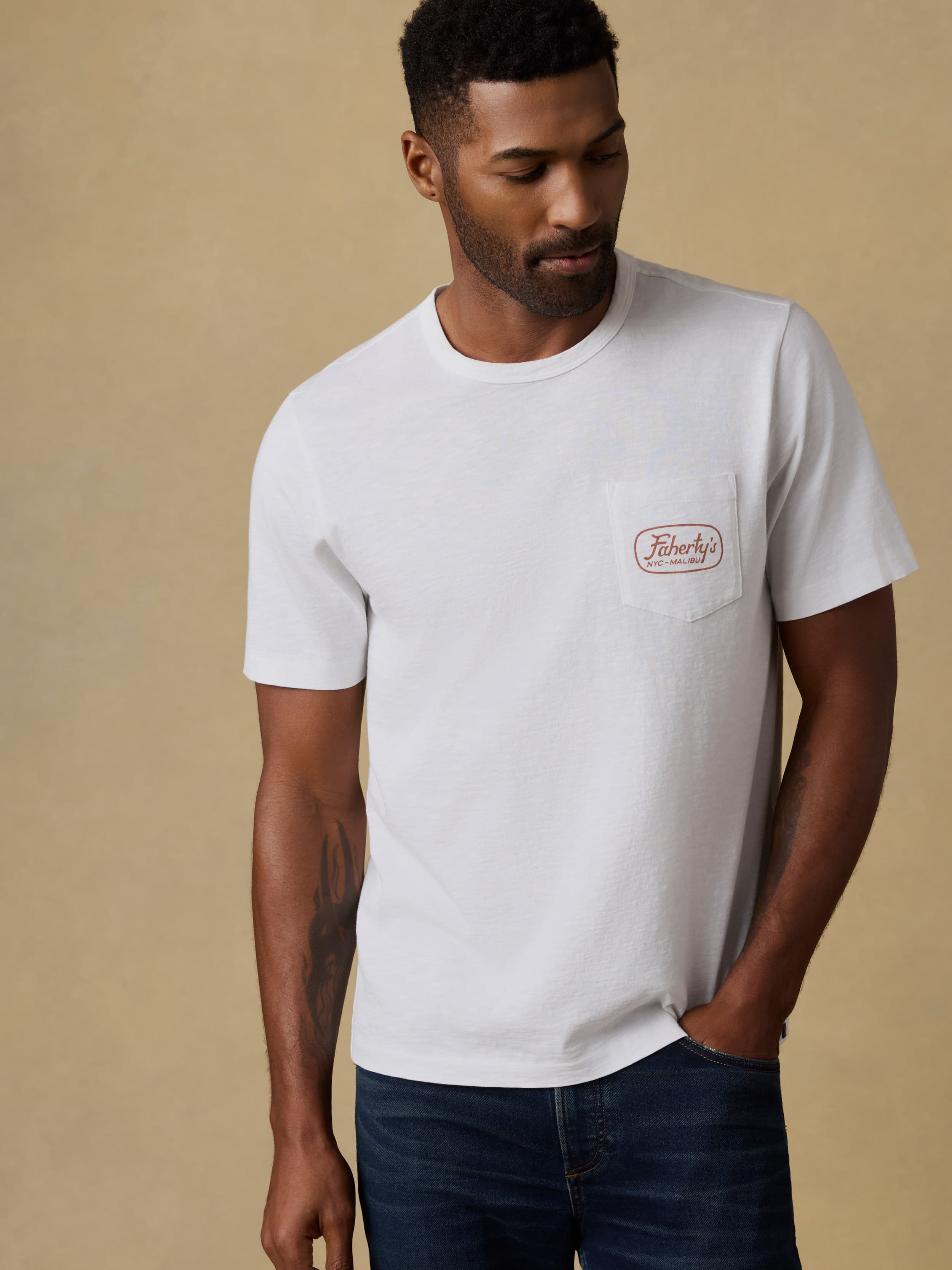 Surf Shop Sunwashed Regenerative Pocket Tee - White | Faherty Brand