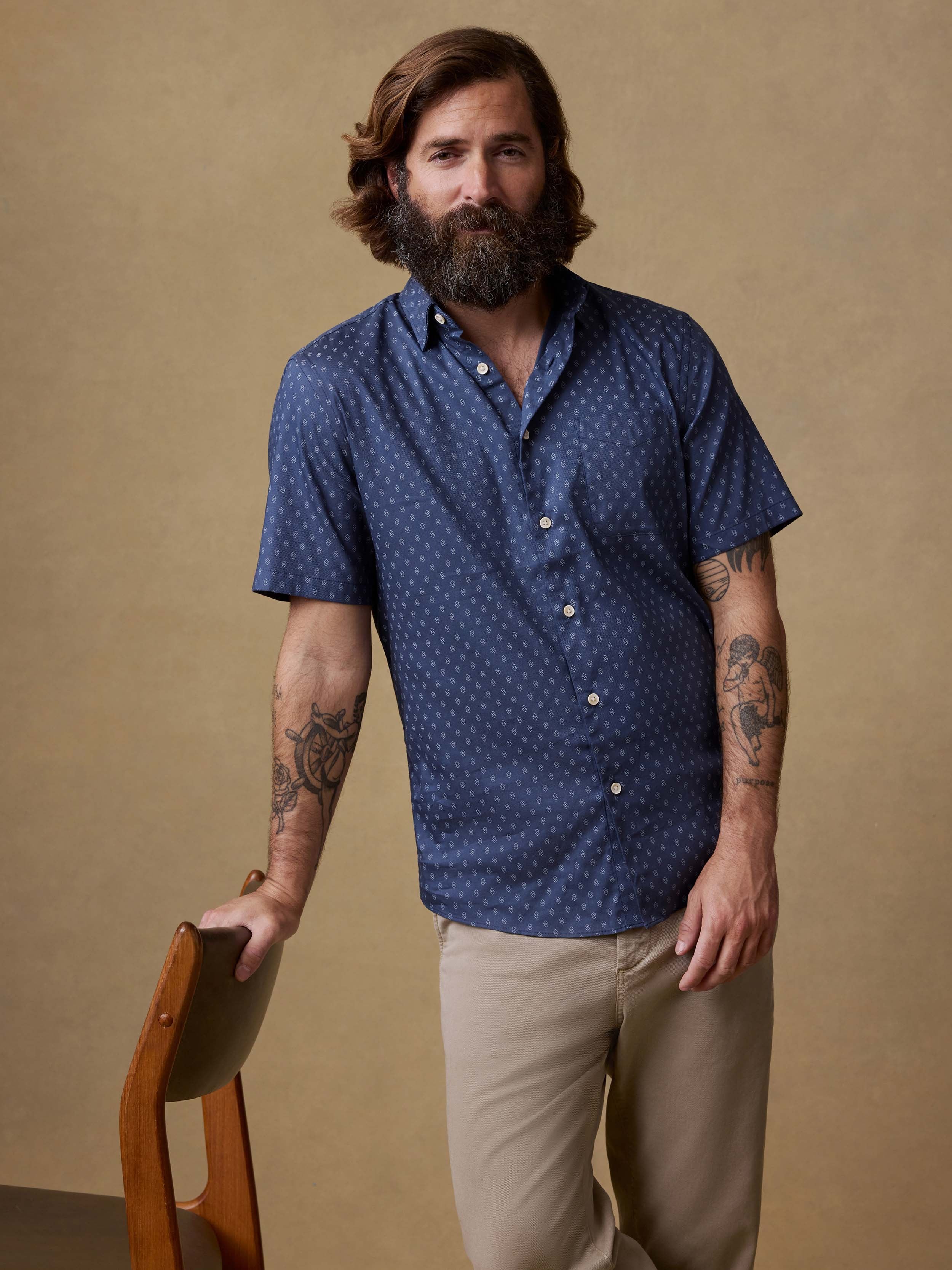 Short-Sleeve Movement™ Monterey Shirt - Navy Dusk Diamond | Faherty Brand