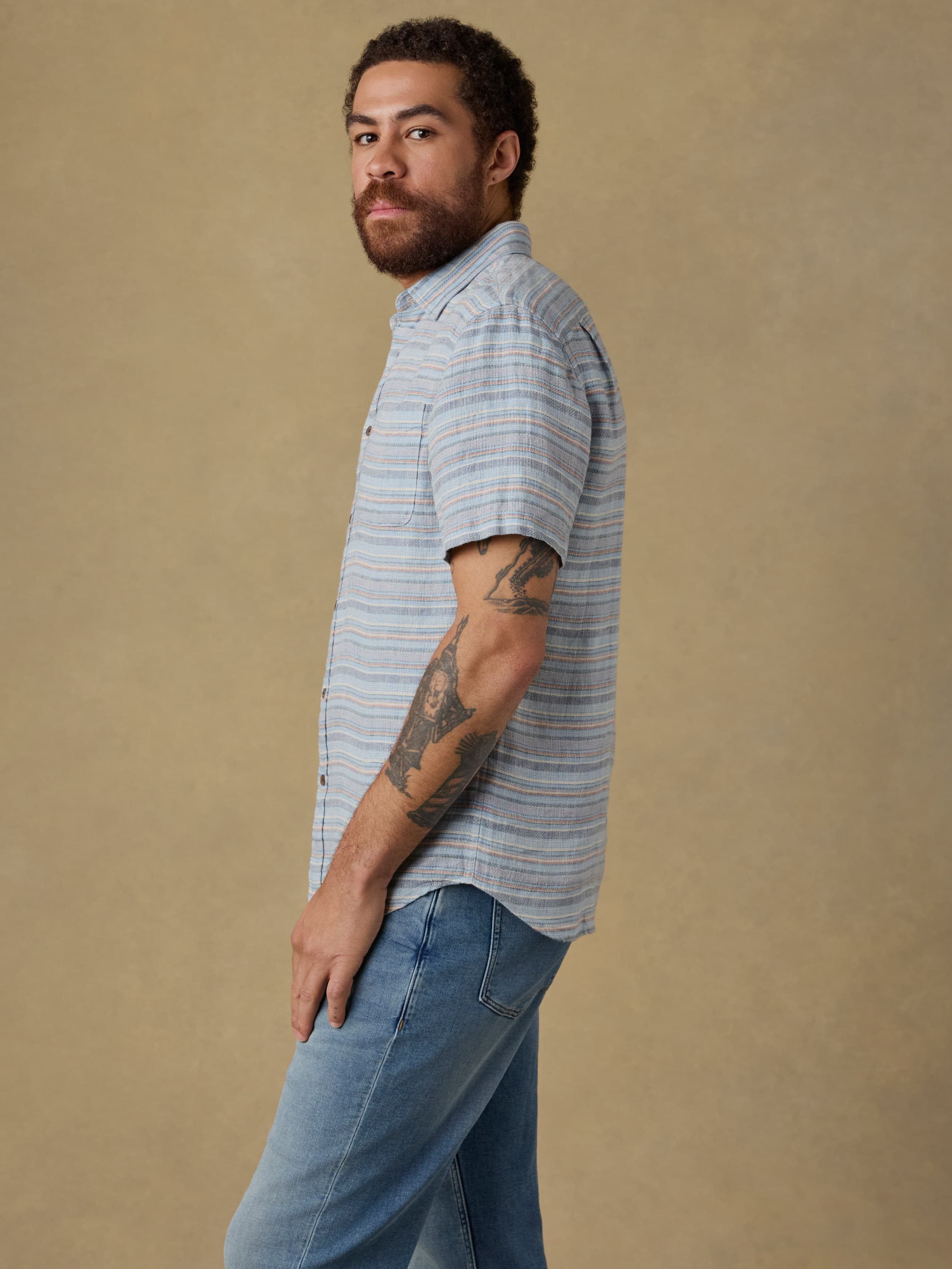 Short-Sleeve Palma Linen Shirt - Blue Gulf Stripe | Faherty Brand