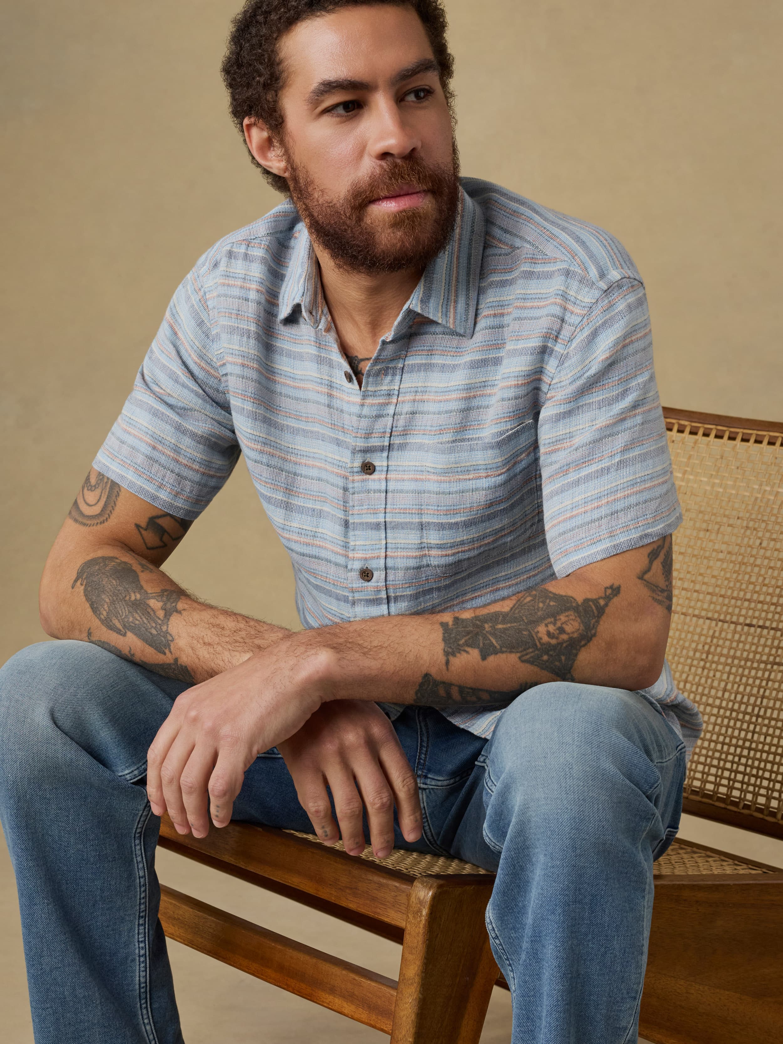 Short-Sleeve Palma Linen Shirt - Blue Gulf Stripe | Faherty Brand