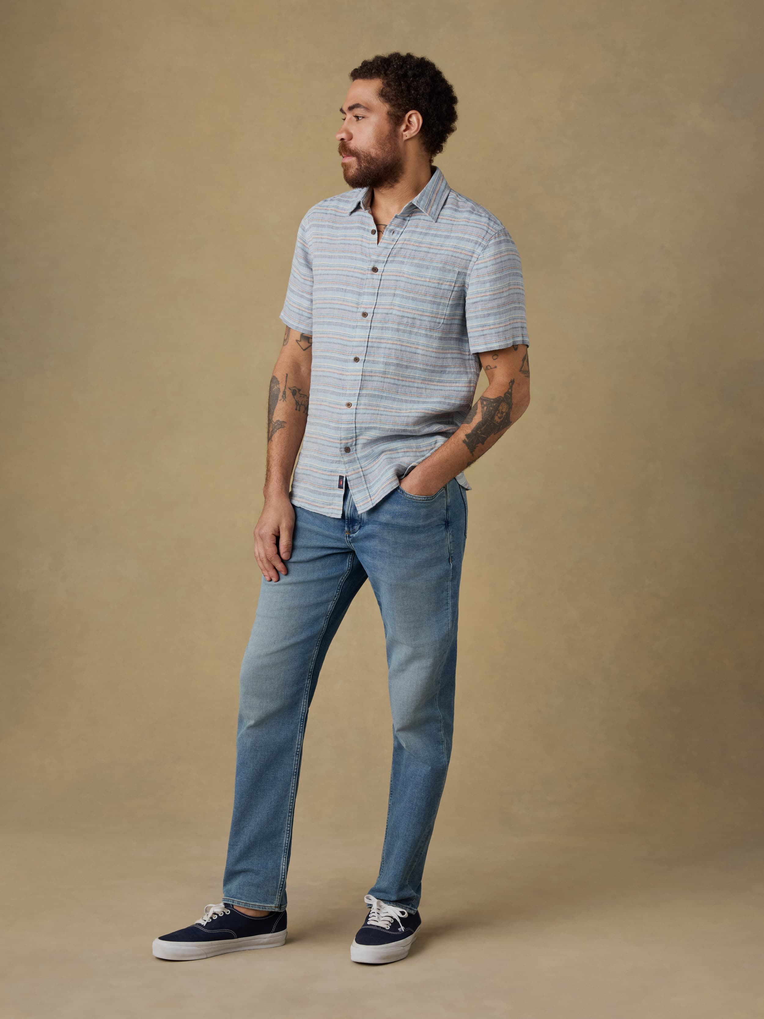 Short-Sleeve Palma Linen Shirt - Blue Gulf Stripe | Faherty Brand