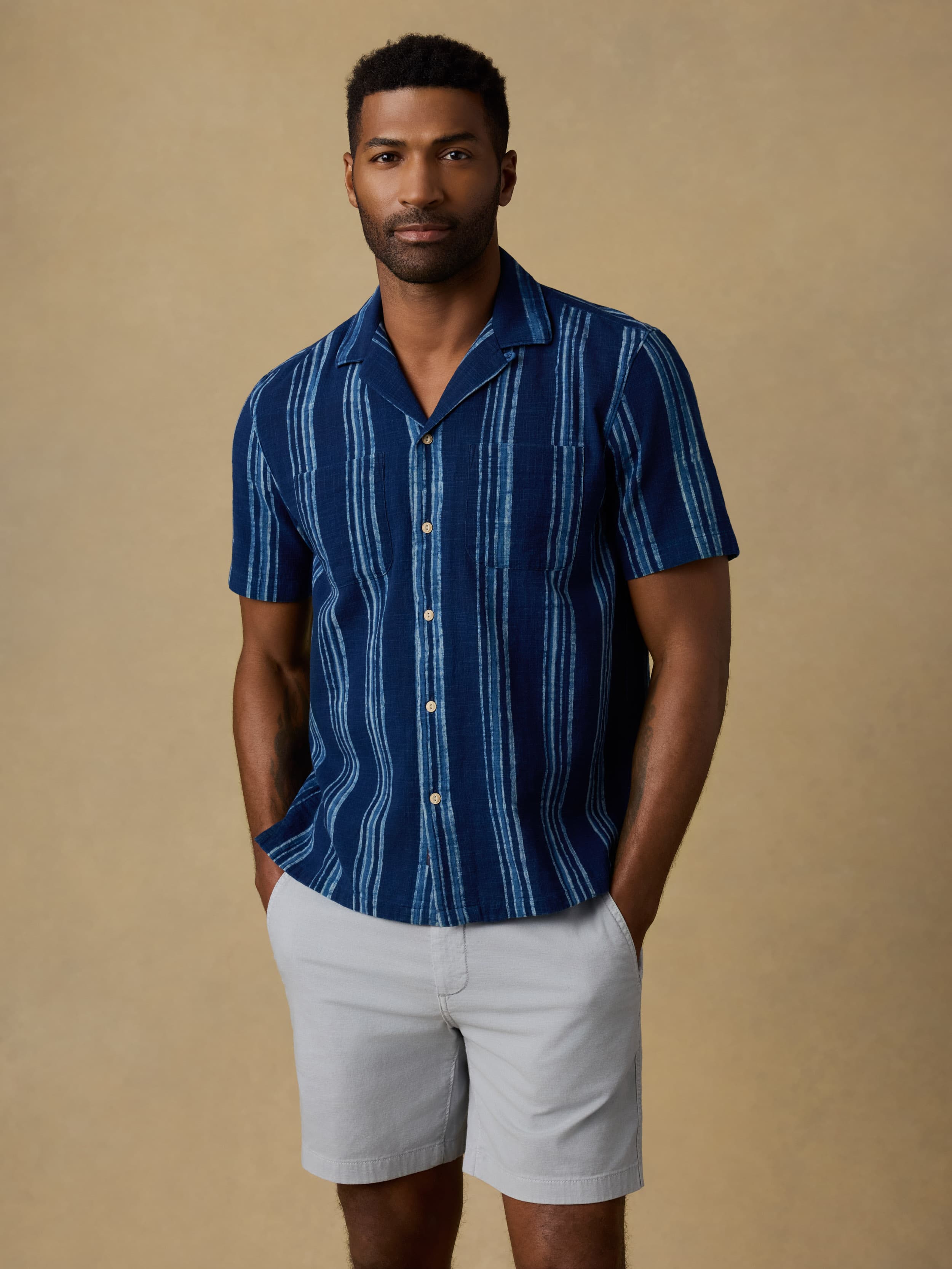 Short-Sleeve Indigo Camp Shirt - Northern Blue Indigo Stripe | Faherty Brand