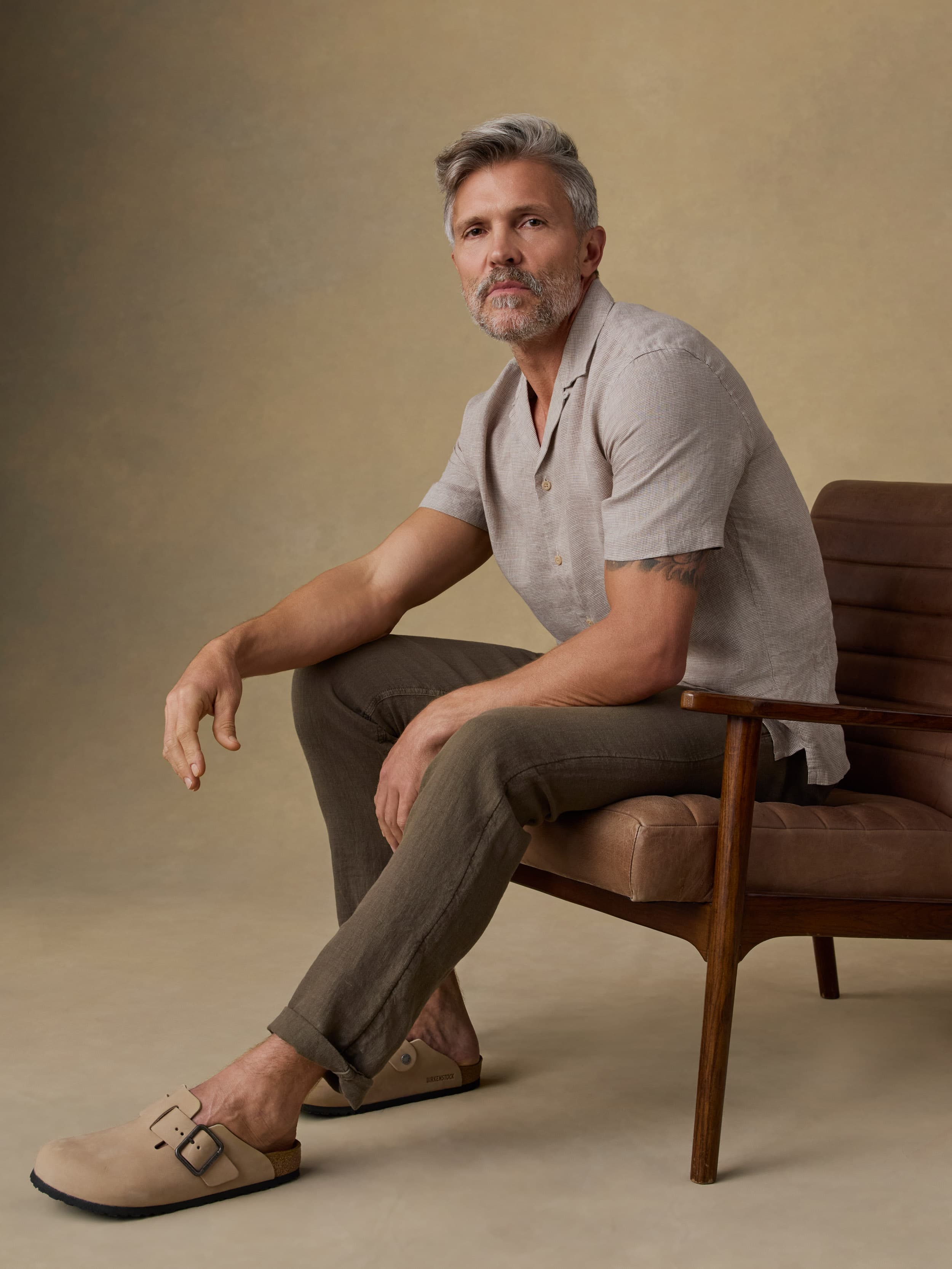 Short-Sleeve Laguna Linen Camp Shirt - Khaki Pincheck | Faherty Brand