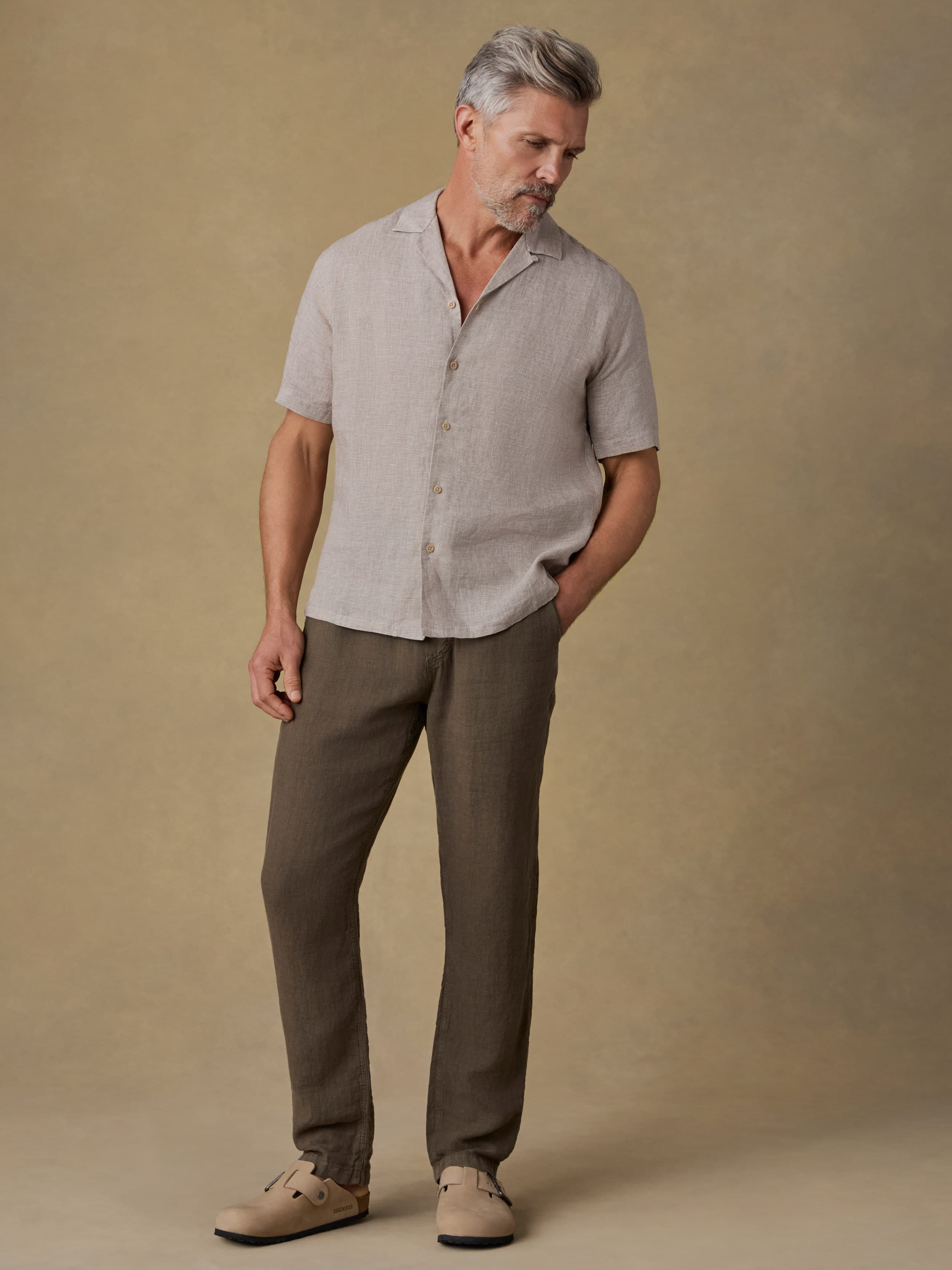 Short-Sleeve Laguna Linen Camp Shirt - Khaki Pincheck | Faherty Brand