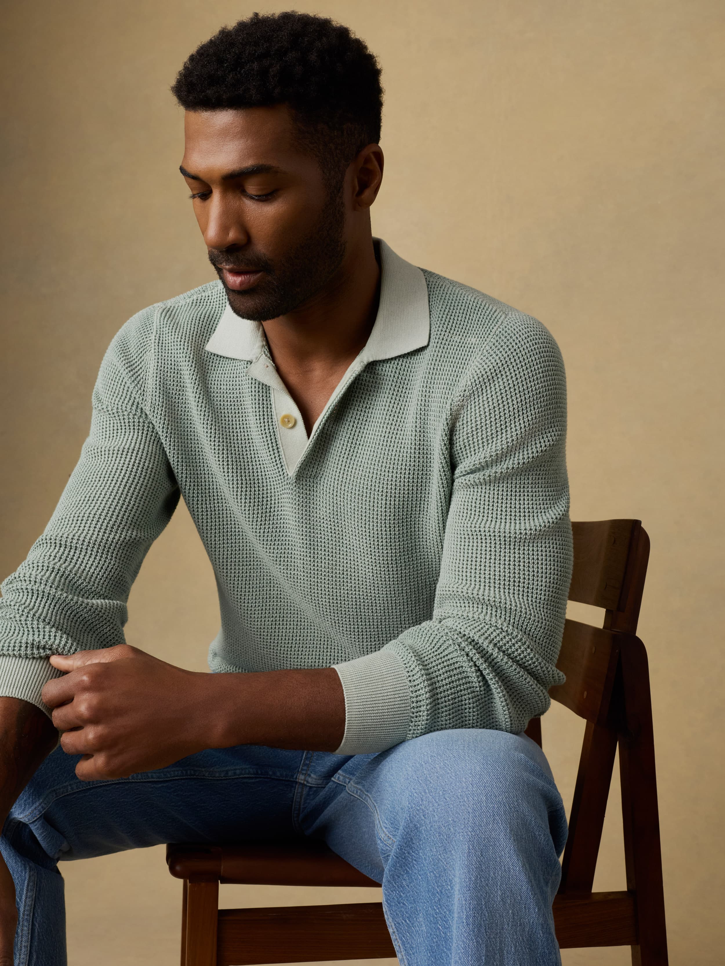 Long-Sleeve Sunwashed Sweater Polo - Sea Break | Faherty Brand