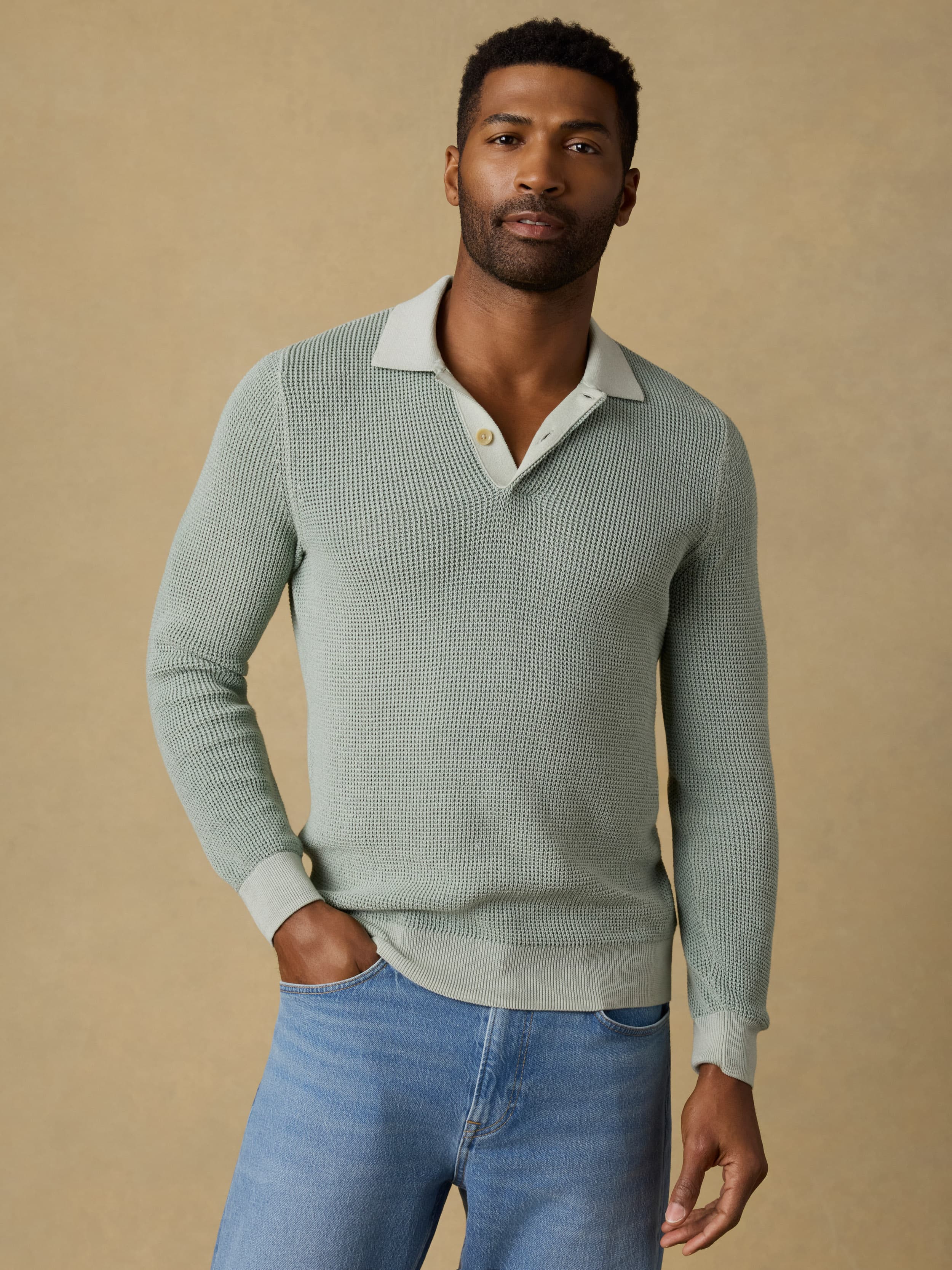 Long-Sleeve Sunwashed Sweater Polo - Sea Break | Faherty Brand