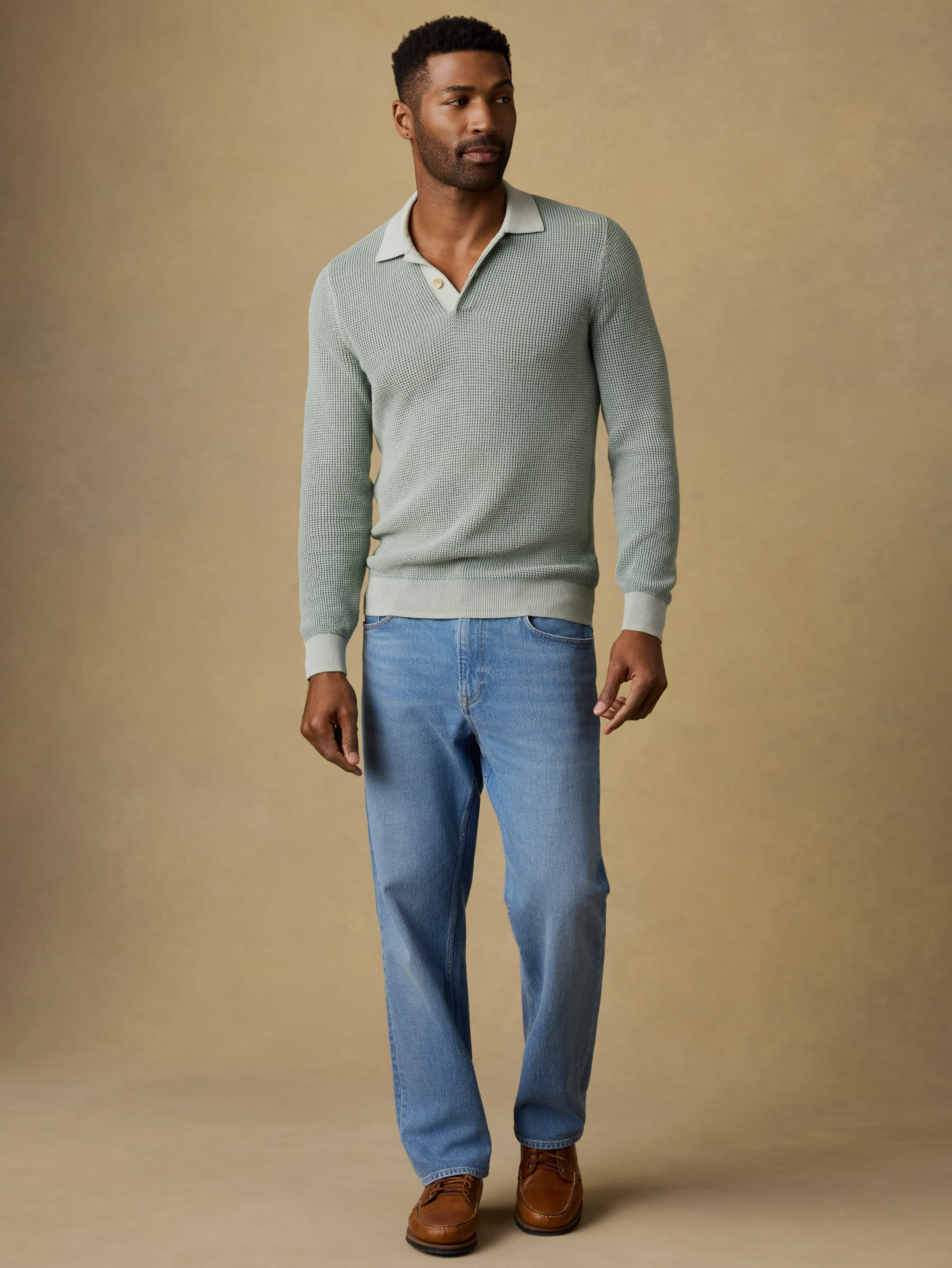 Long-Sleeve Sunwashed Sweater Polo - Sea Break | Faherty Brand