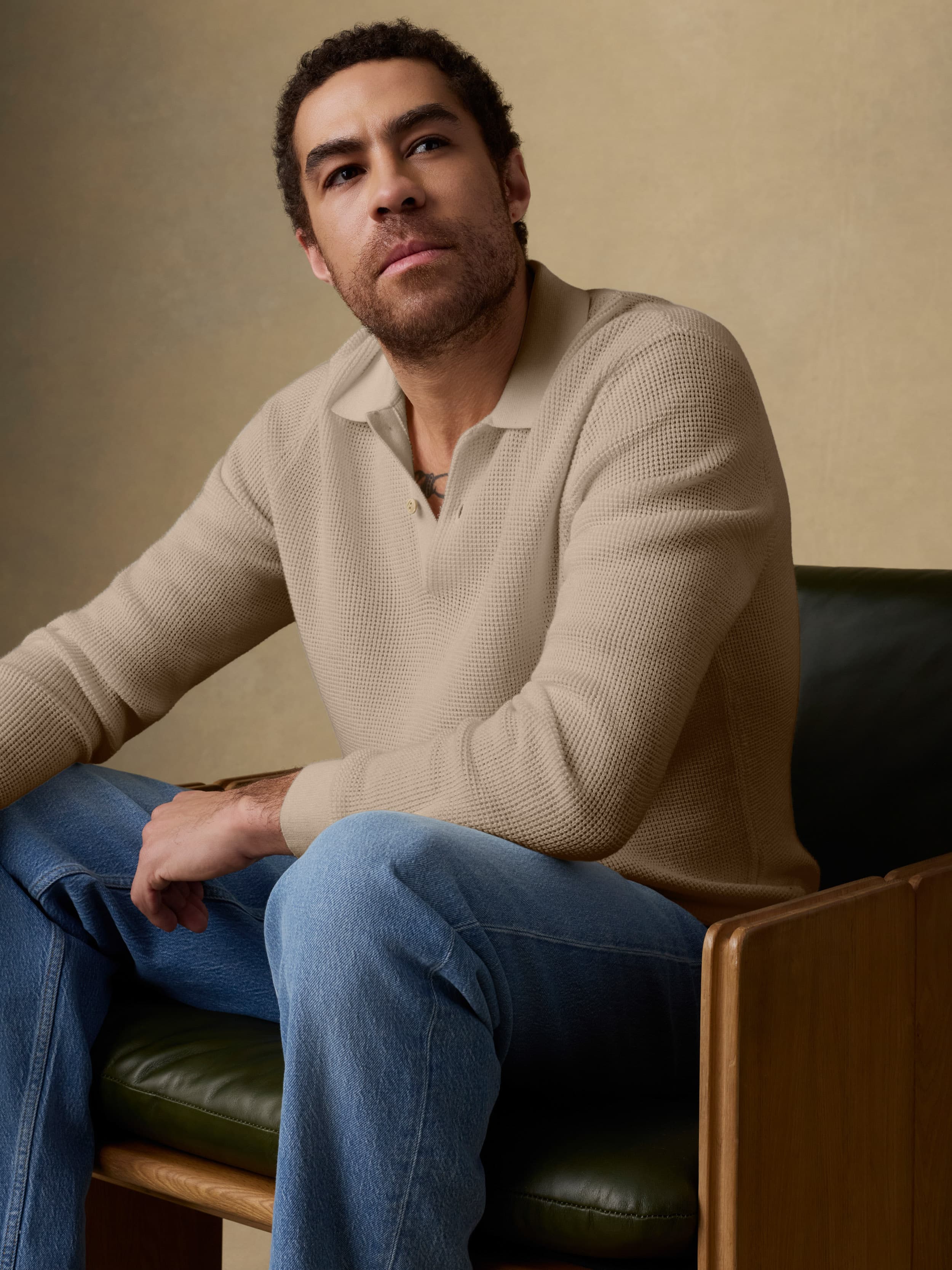 Long-Sleeve Sunwashed Sweater Polo - Natural | Faherty Brand