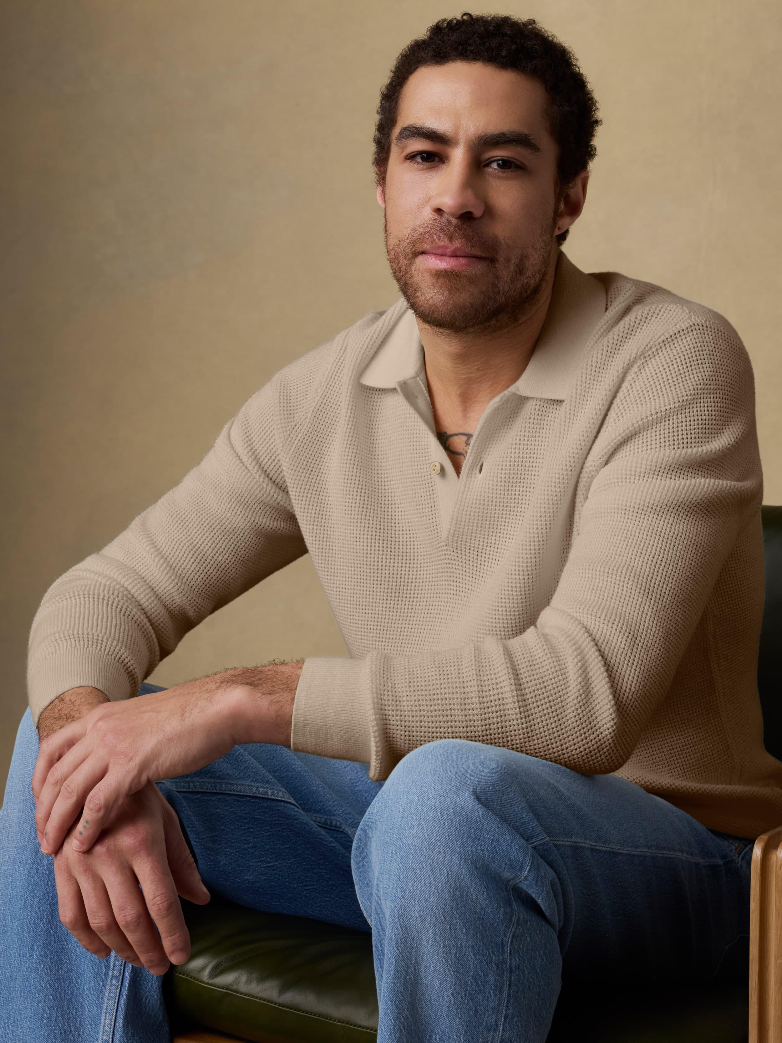 Long-Sleeve Sunwashed Sweater Polo - Natural | Faherty Brand