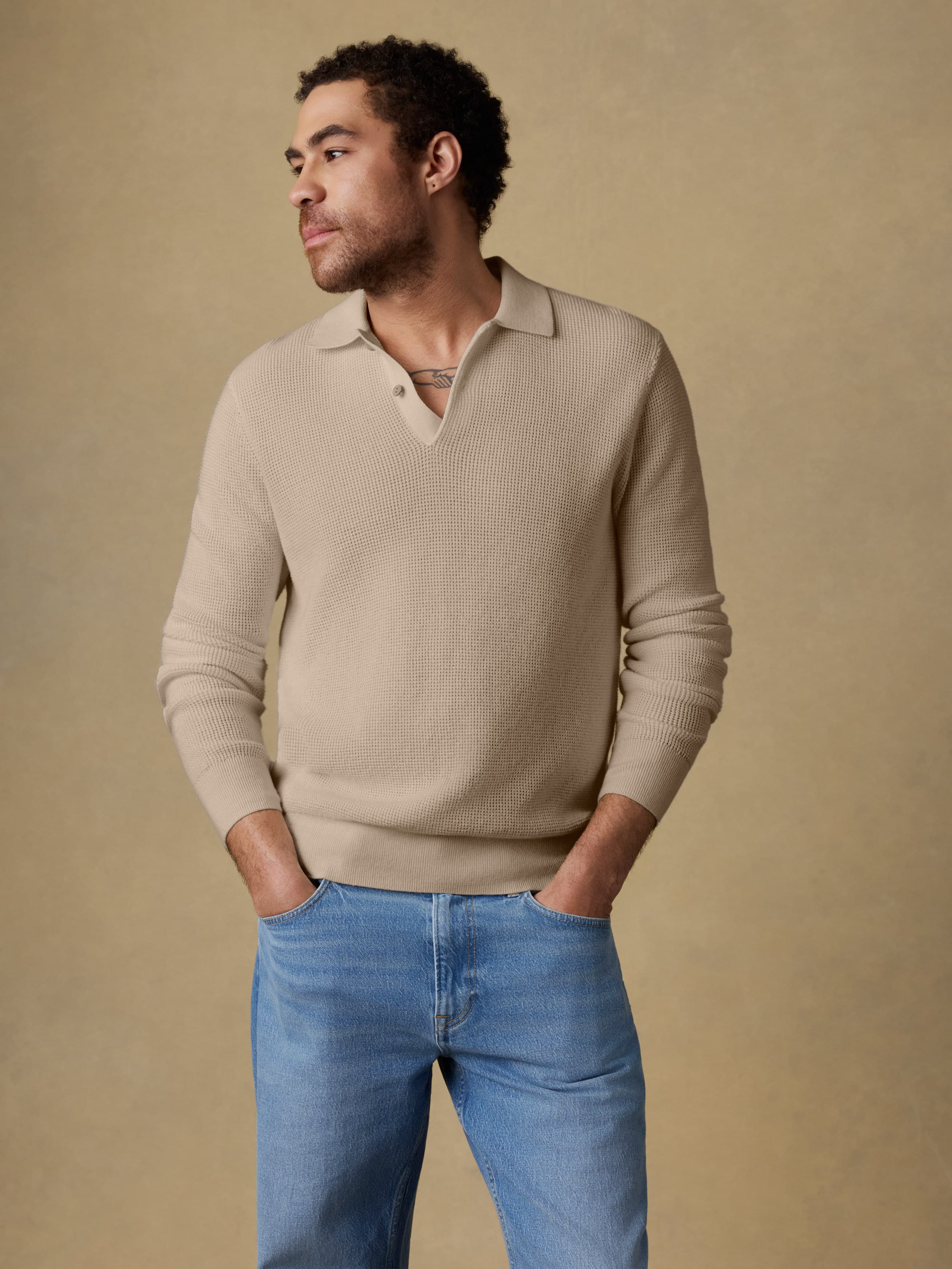Long-Sleeve Sunwashed Sweater Polo - Natural | Faherty Brand