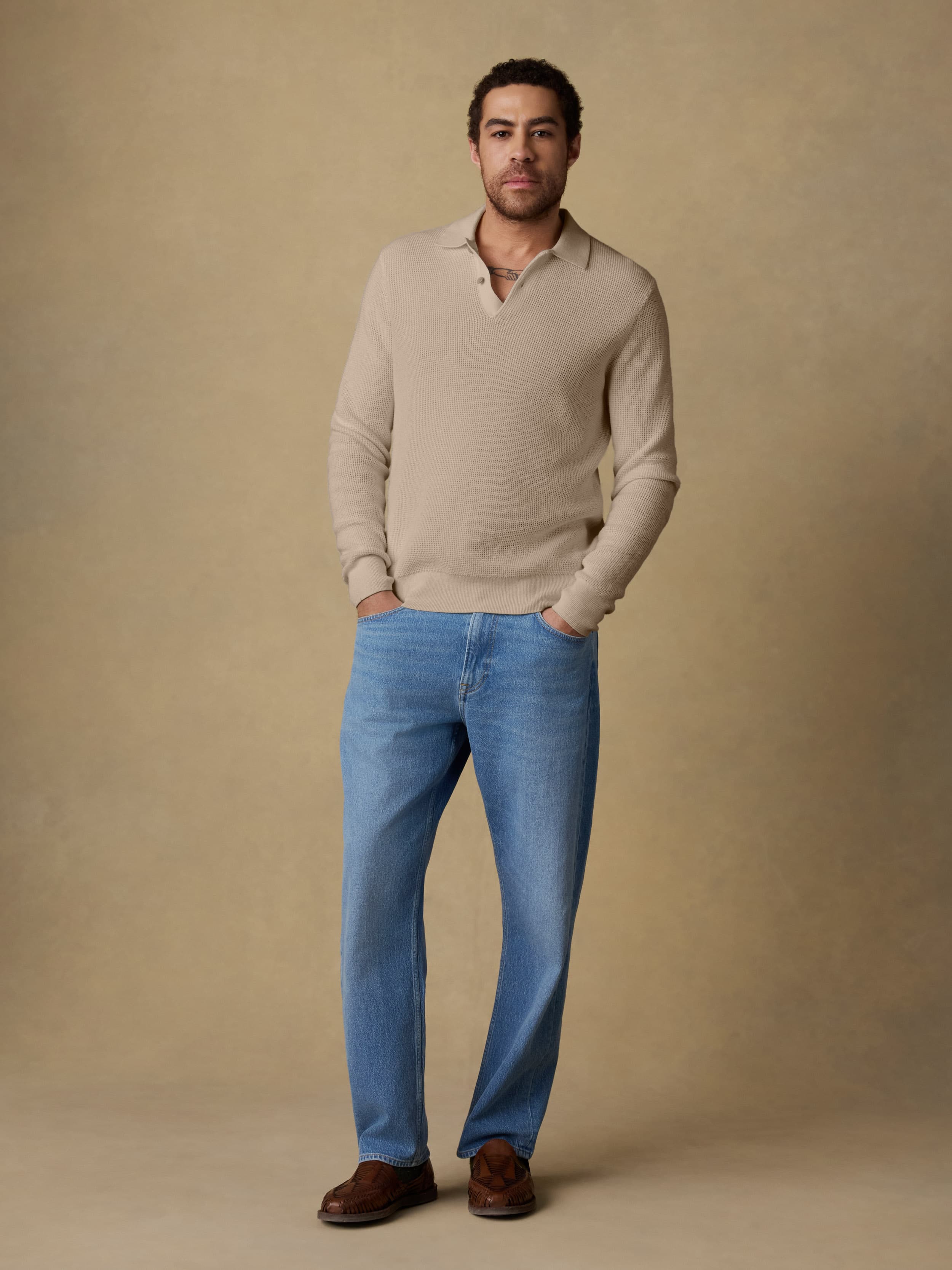 Long-Sleeve Sunwashed Sweater Polo - Natural | Faherty Brand