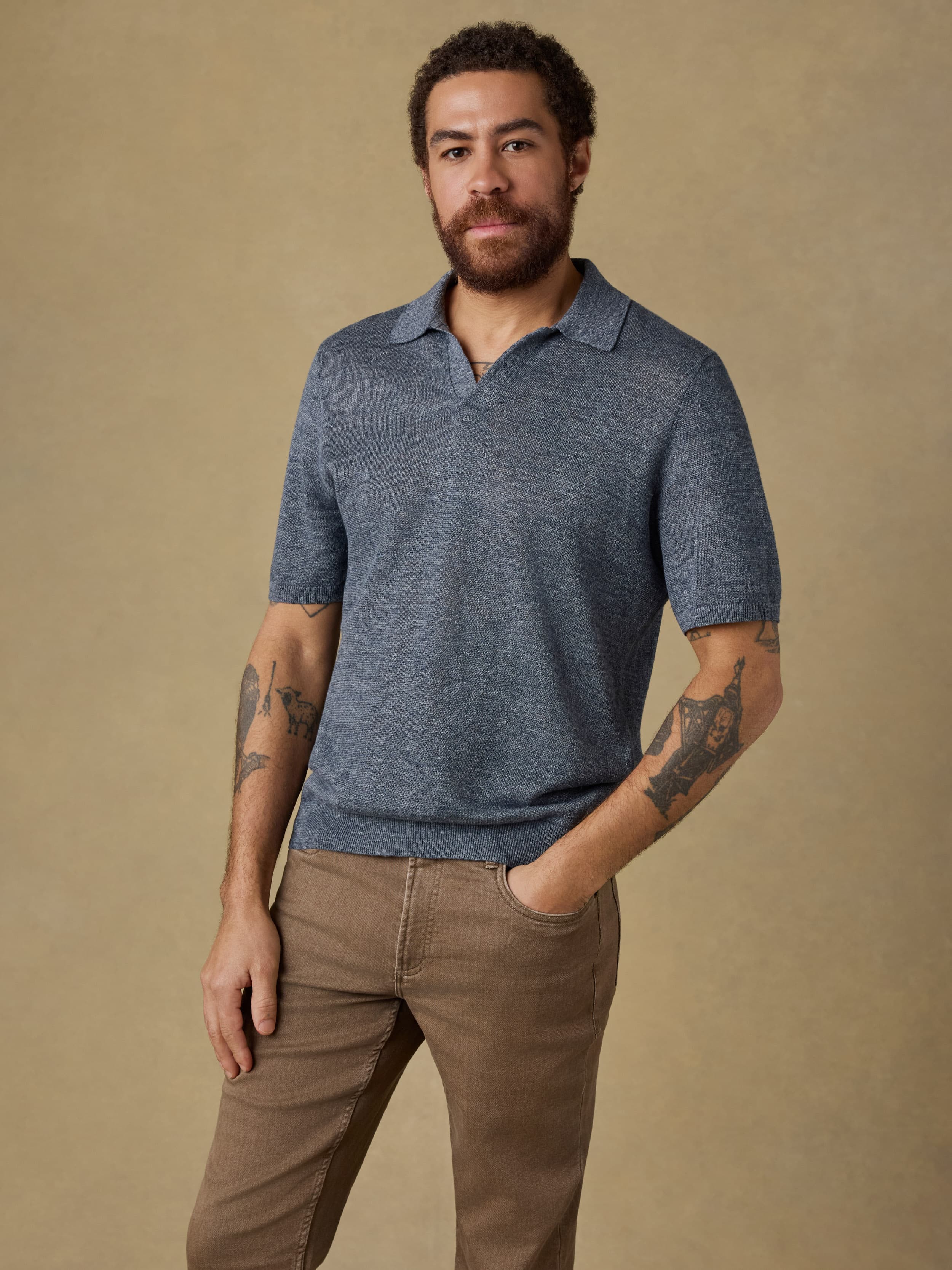 Short-Sleeve Linen Sweater Polo - Caribbean Navy Melange | Faherty Brand