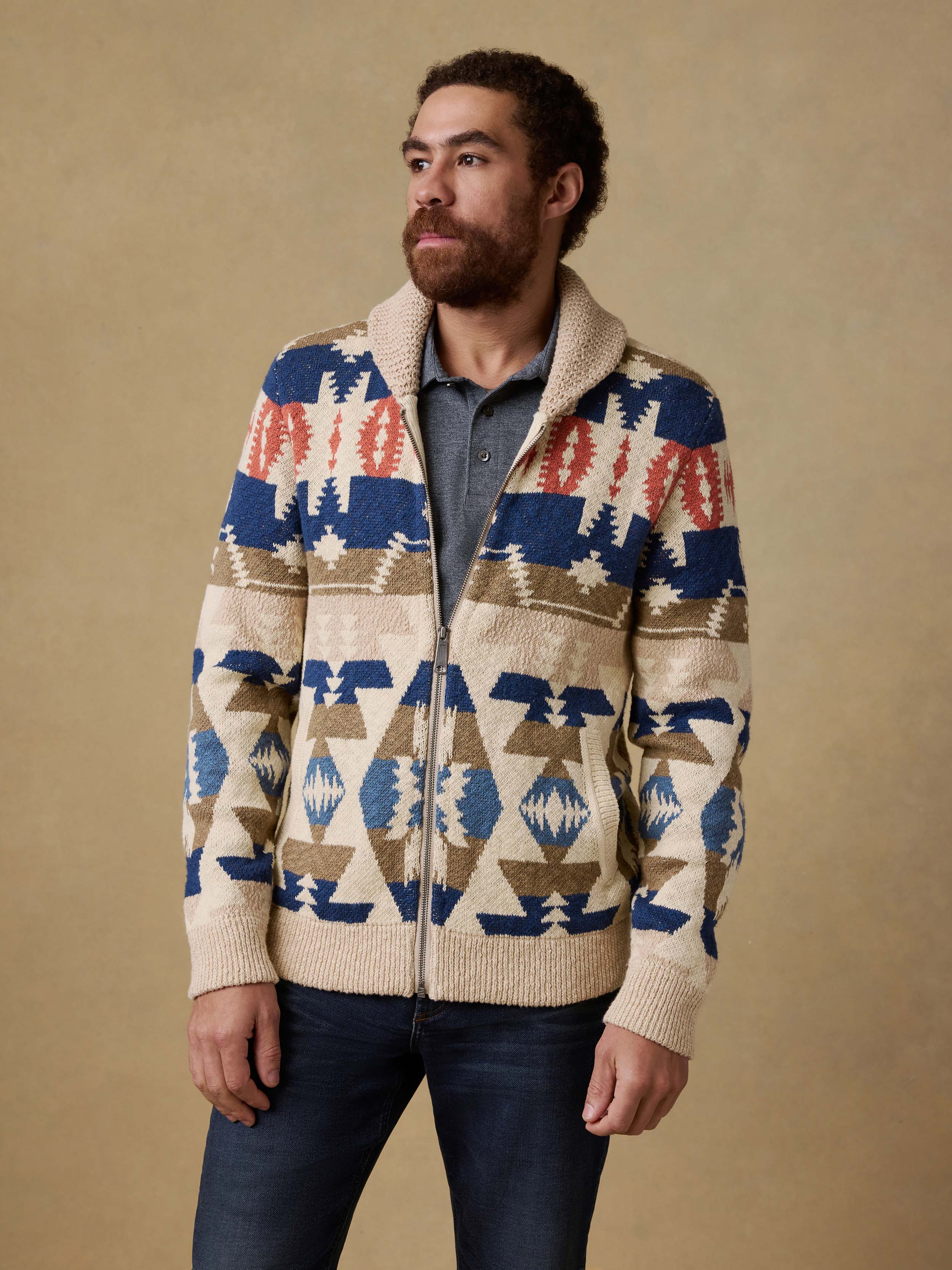 Thunder Voice Eagle Cardigan - Sand Four Eagles | Faherty Brand