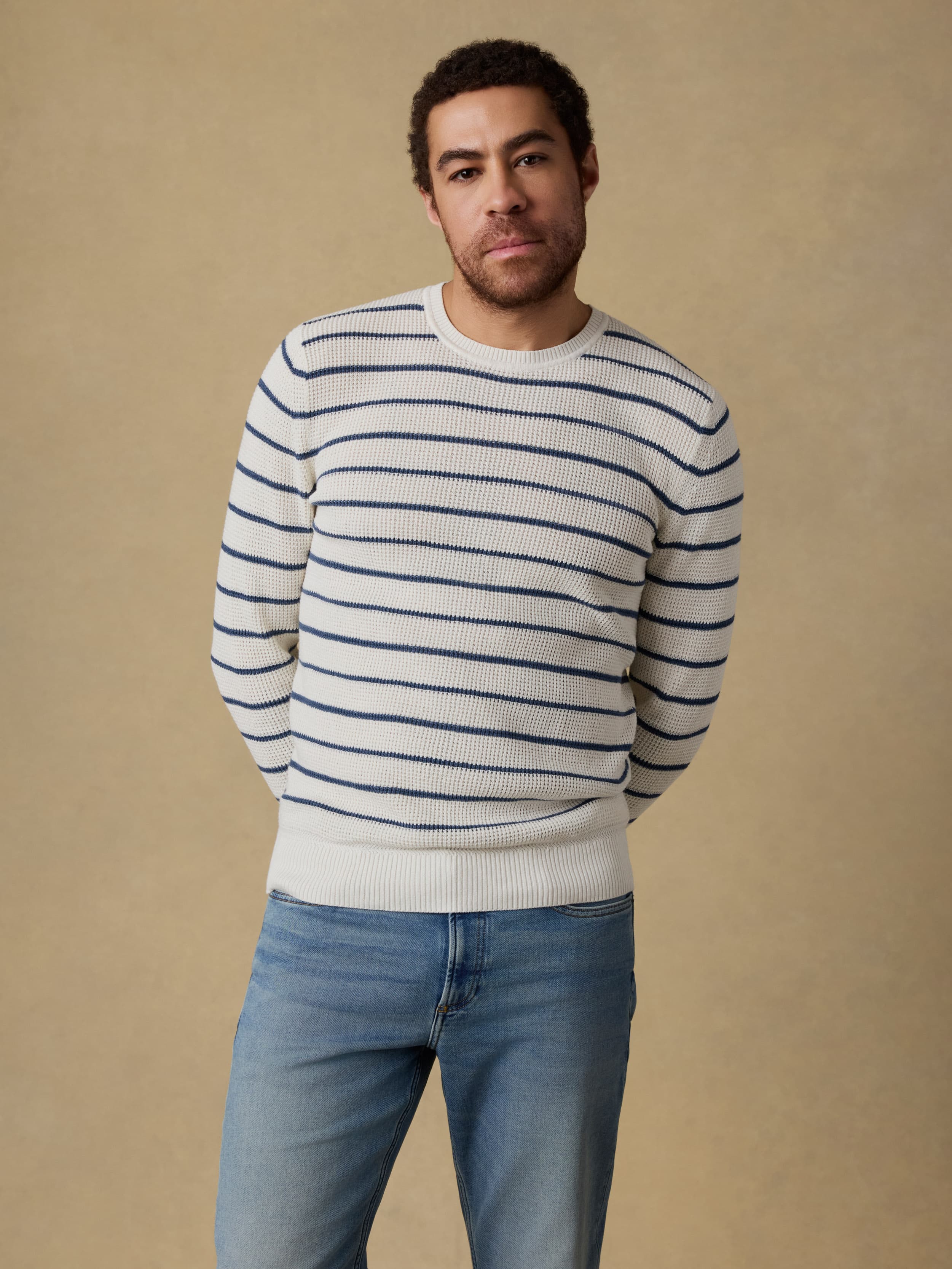 Sunwashed Crewneck Sweater - Ivory Night Stripe | Faherty Brand