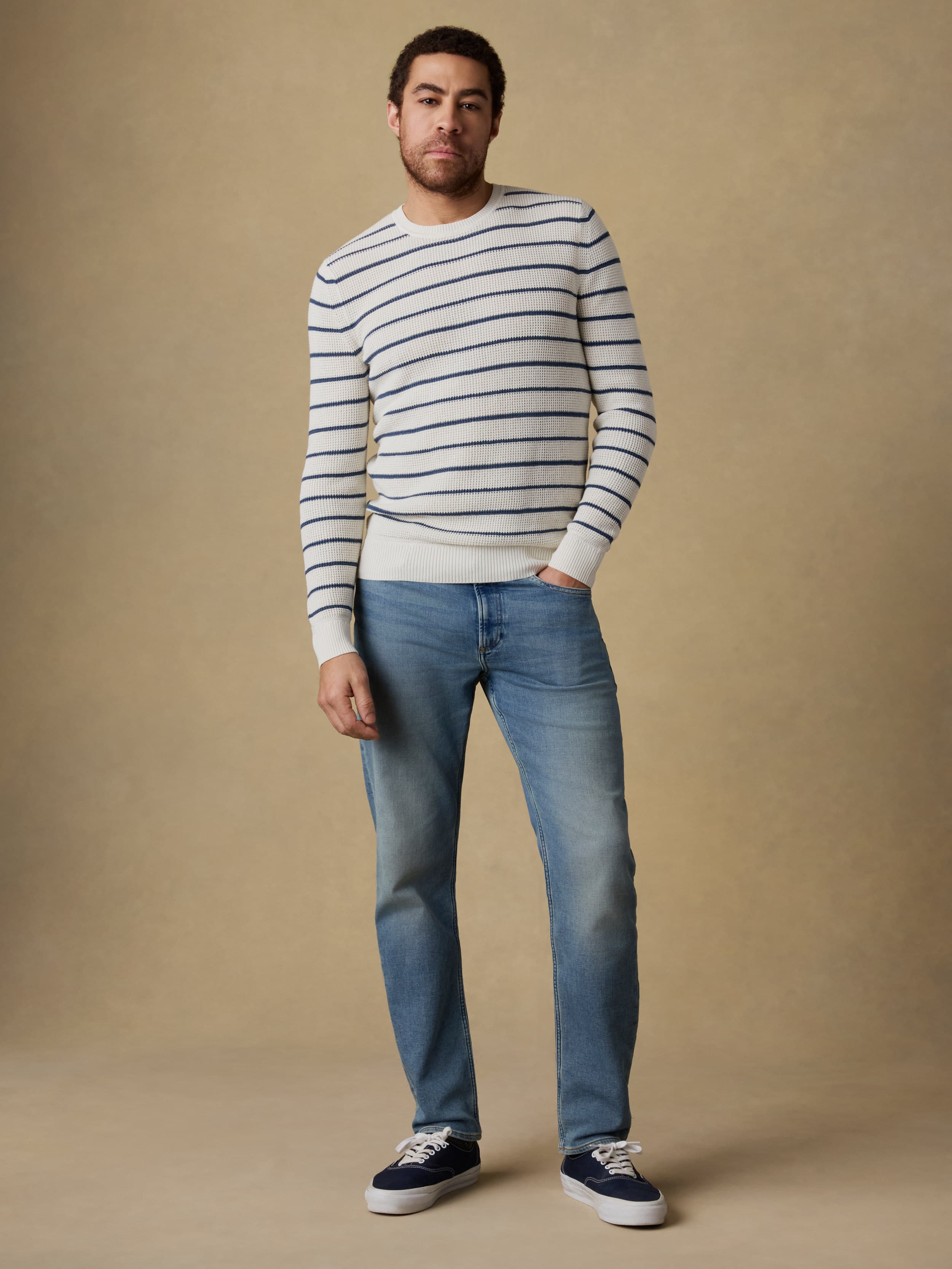 Sunwashed Crewneck Sweater - Ivory Night Stripe | Faherty Brand